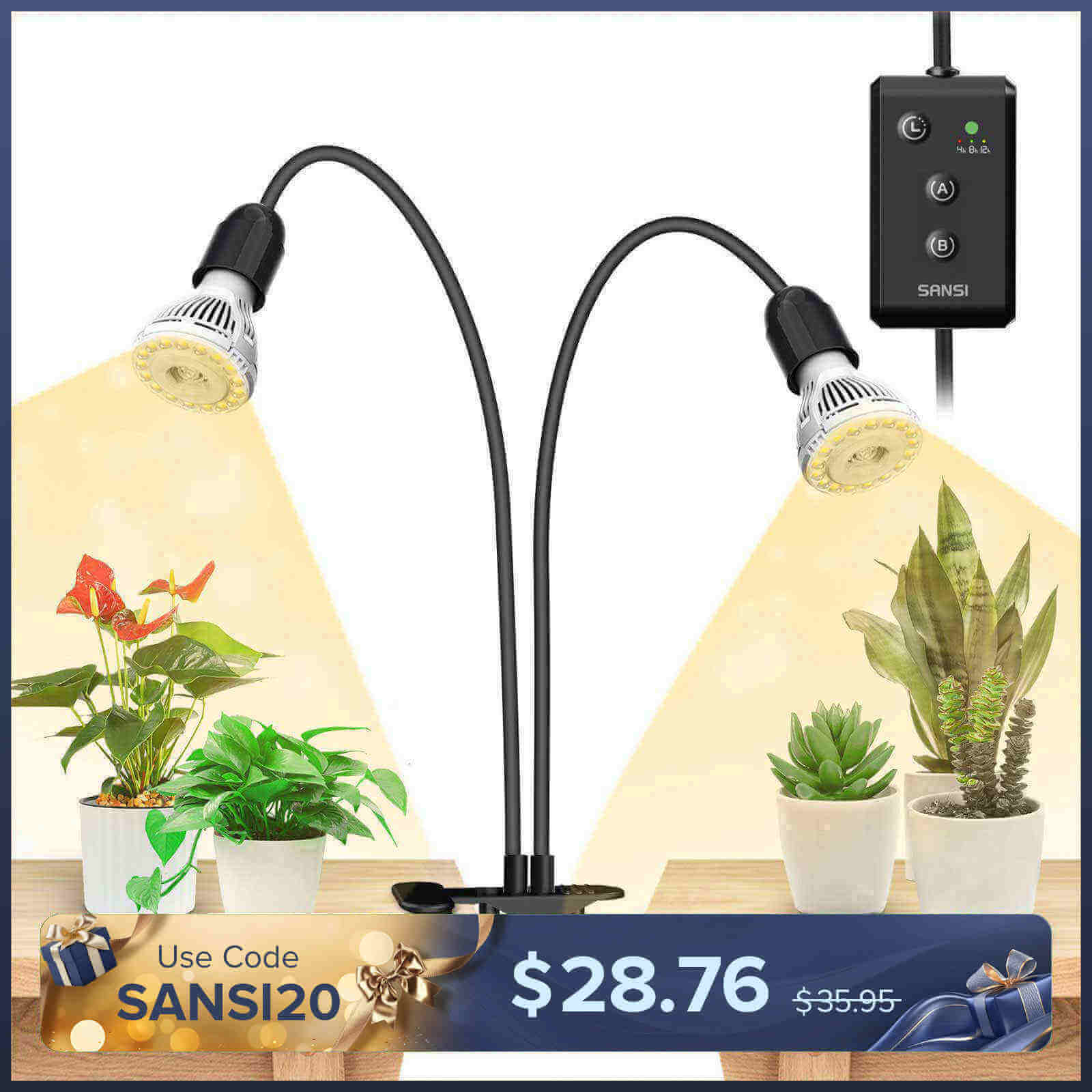 20W Adjustable 2-Head Clip-on LED Grow Light With Timer/No Timer