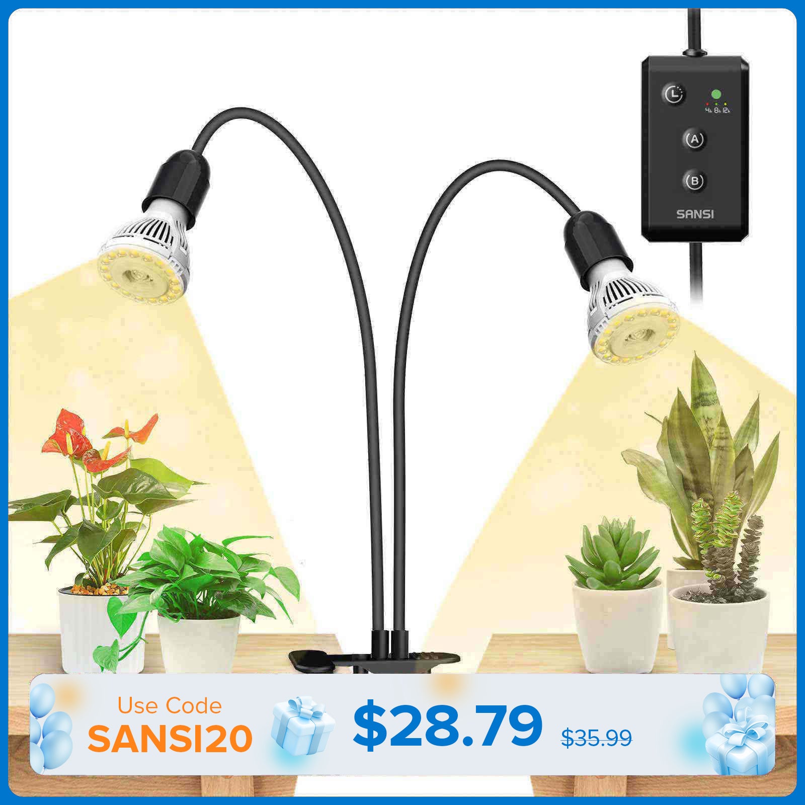 20W Adjustable 2-Head Clip-on LED Grow Light With Timer