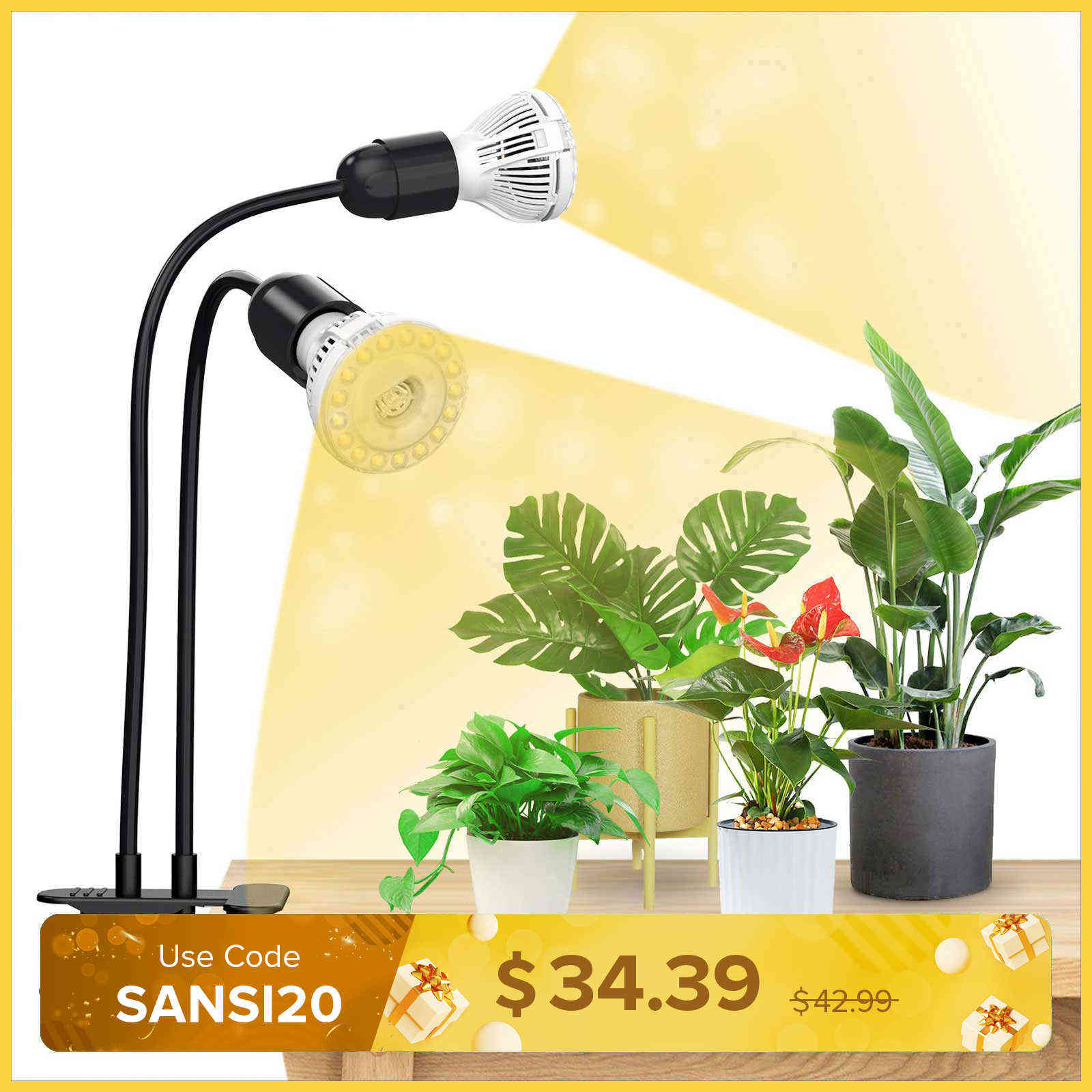 20W Adjustable 2-Head Clip-on LED Grow Light With Timer/No Timer