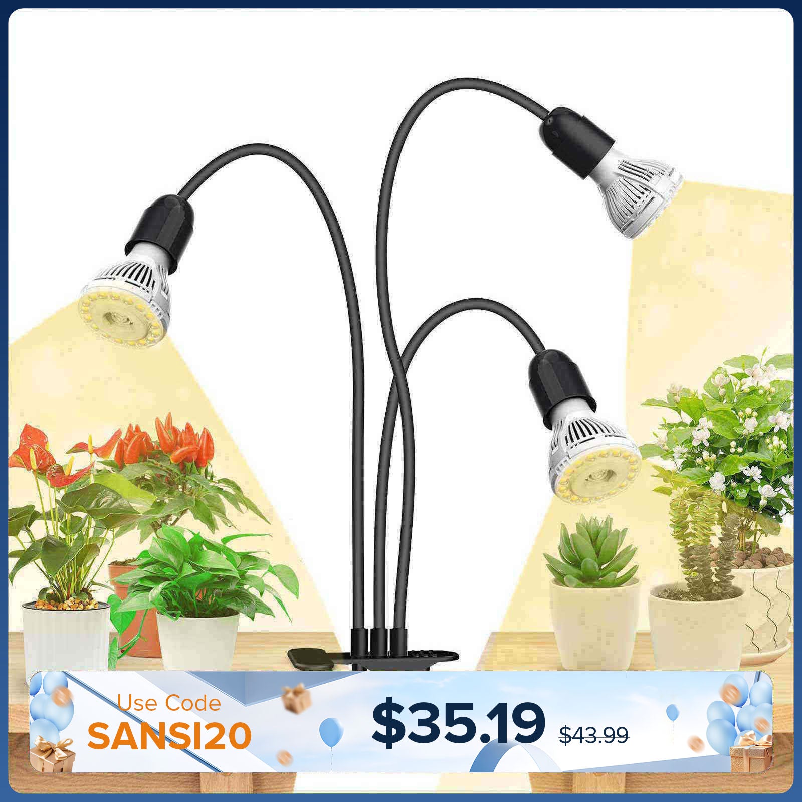 30 W verstellbares 3-Kopf-LED-Pflanzenlicht zum Anklemmen (NUR USA/Kanada)