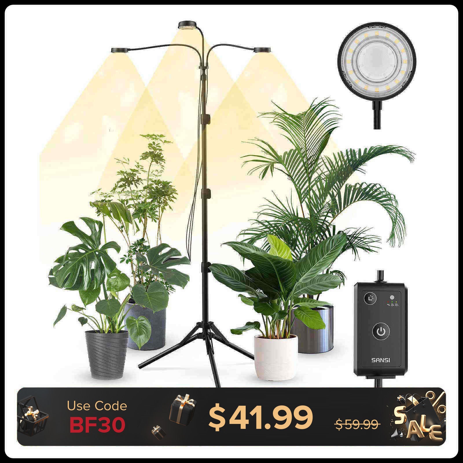 SANSI 30W 3-Head Adjustable Tripod Stand Grow Light with Remote Control