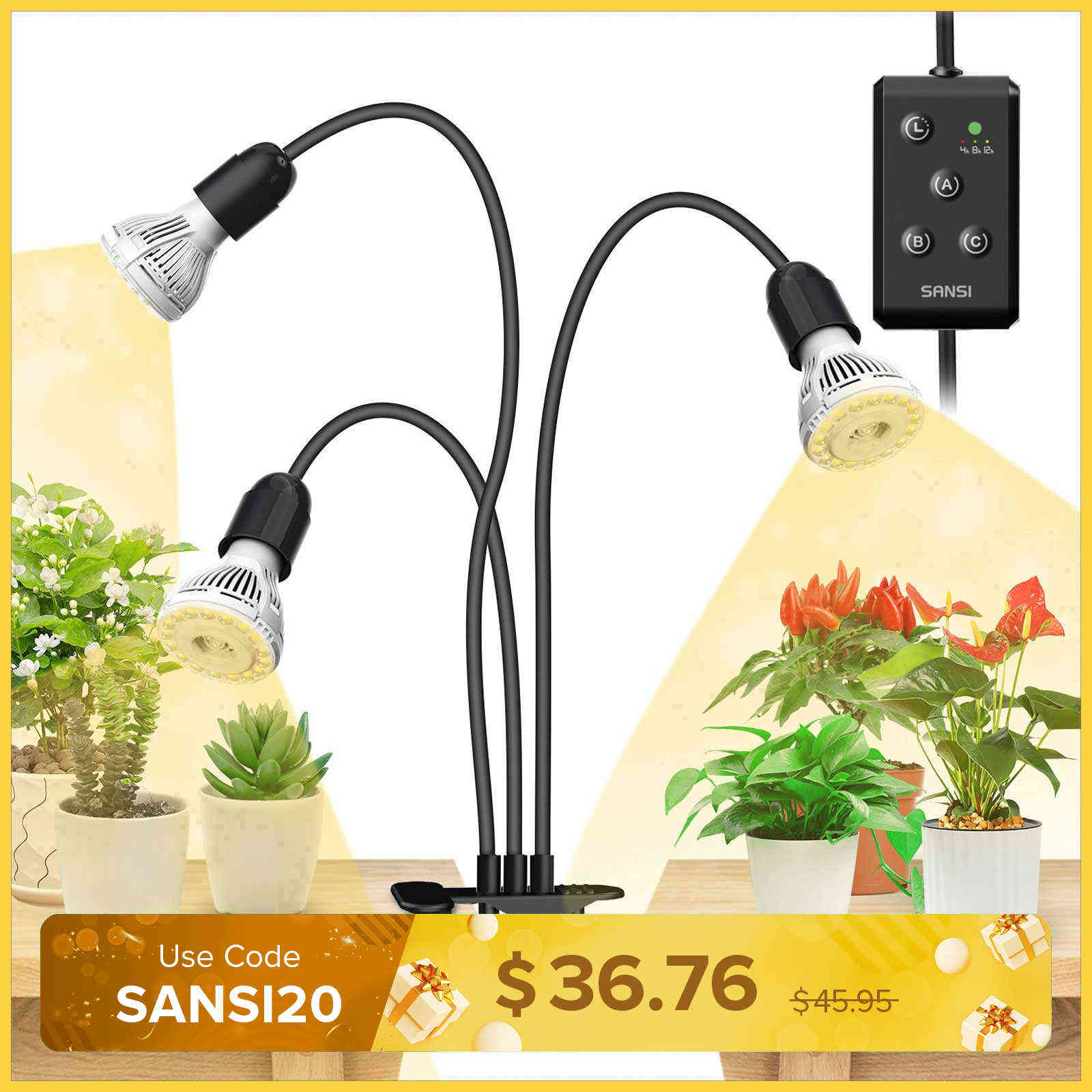 30W Adjustable 3-Head Clip-on LED Grow Light with Timer/No Timer