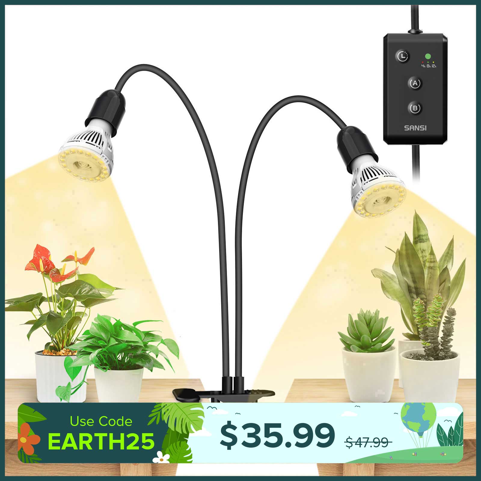 20W verstellbare 2-Kopf-Clip-on-LED-Wachstumslampe mit Timer/ohne Timer