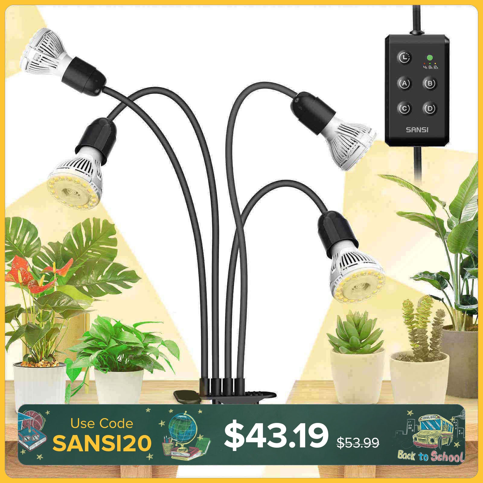 SANSI 40W Adjustable 4-Head Clip-on LED Grow Light with Timer