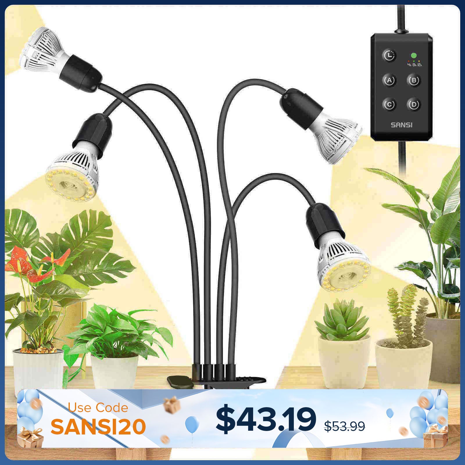 40-W-LED-Pflanzenlampe mit 4 verstellbaren Köpfen und Timer zum Anklemmen.