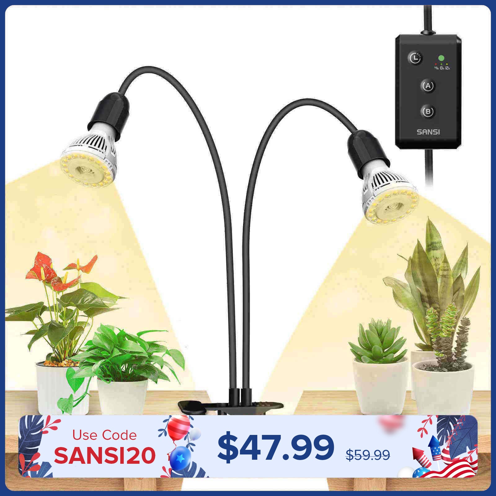 20W Adjustable 2-Head Clip-on LED Grow Light With Timer
