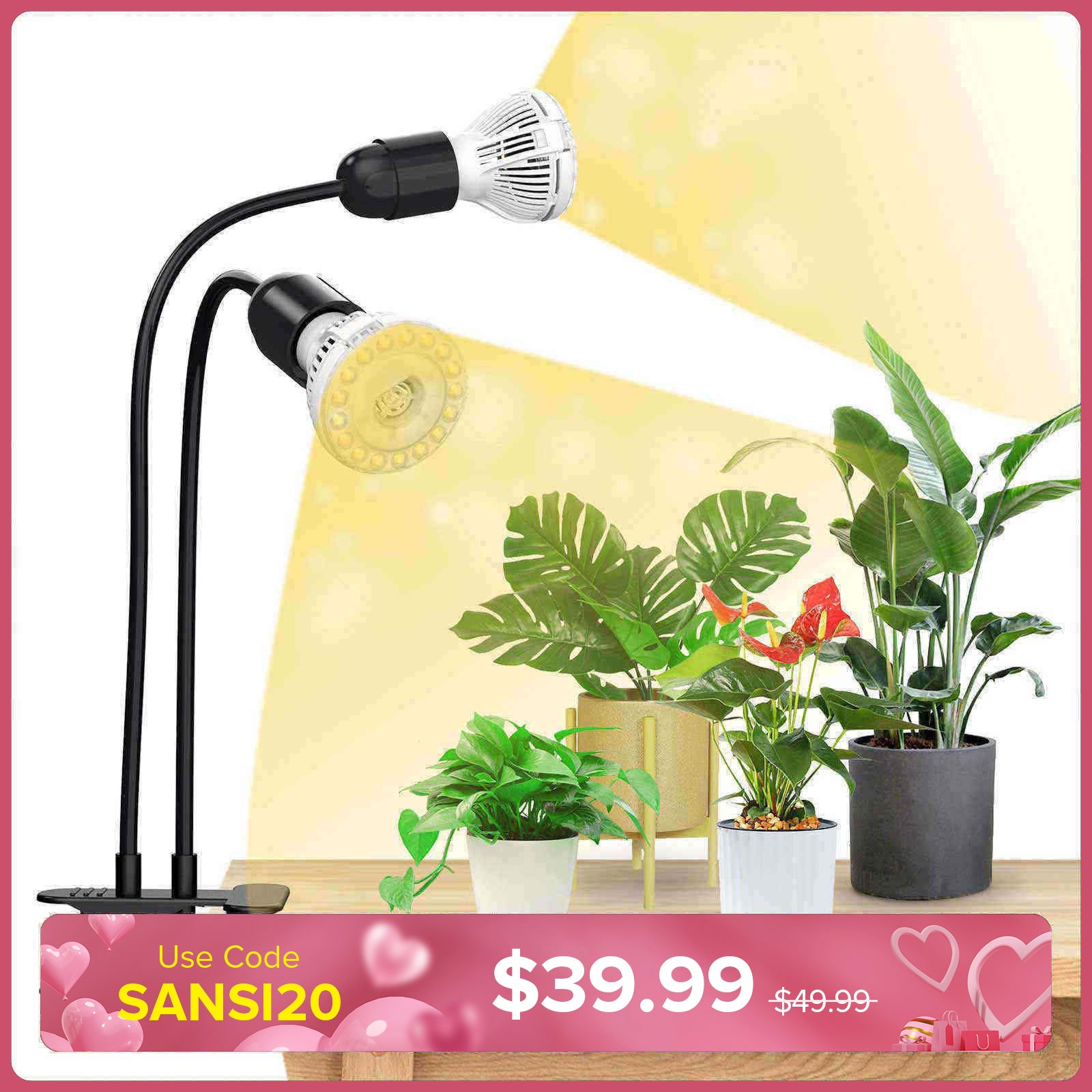 Lampada LED da coltivazione con clip regolabile a 2 teste da 20 W