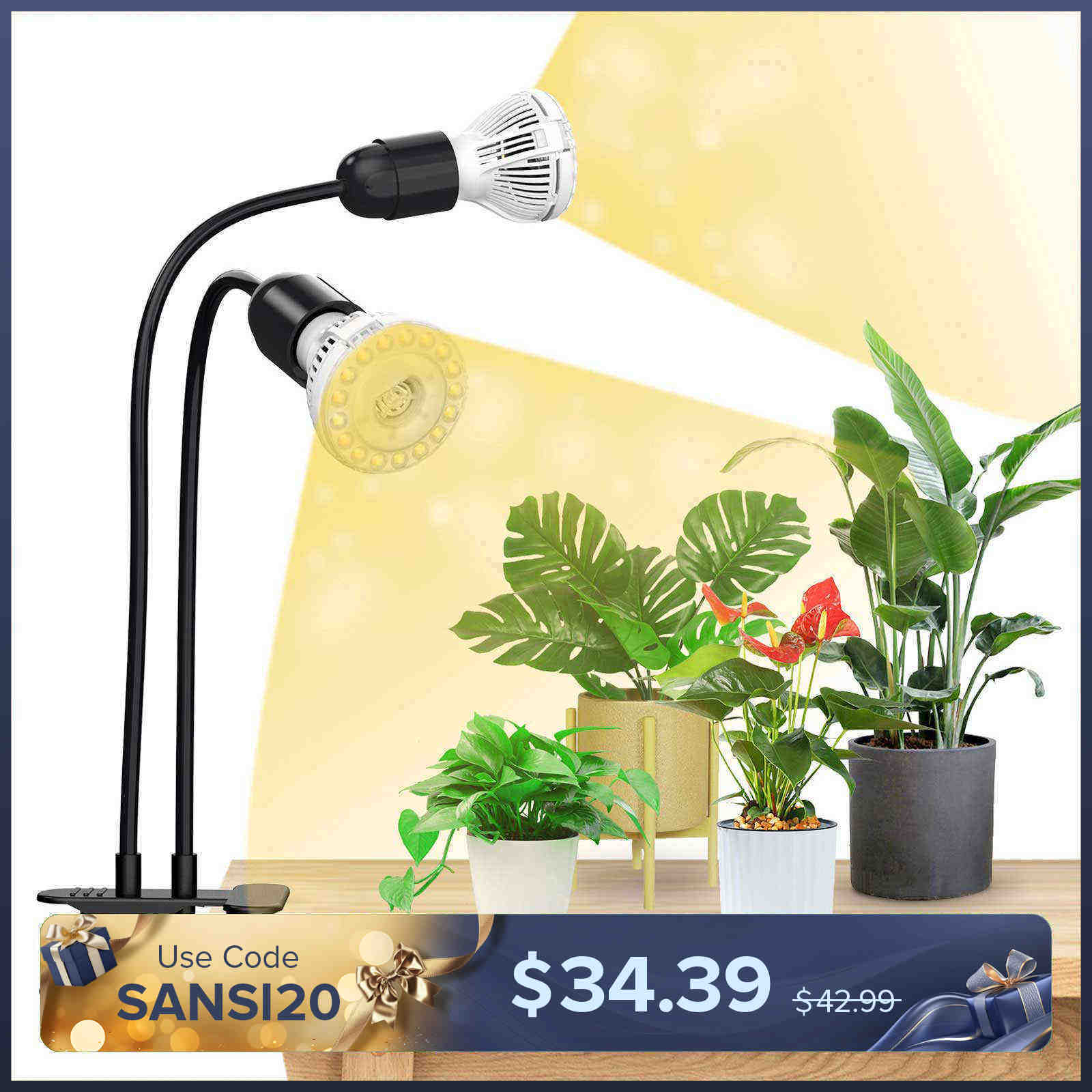 20W Adjustable 2-Head Clip-on LED Grow Light With Timer/No Timer