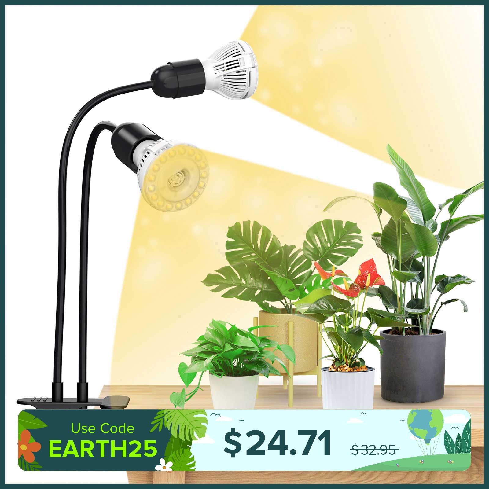 20W verstellbare 2-Kopf-Clip-on-LED-Wachstumslampe mit Timer/ohne Timer