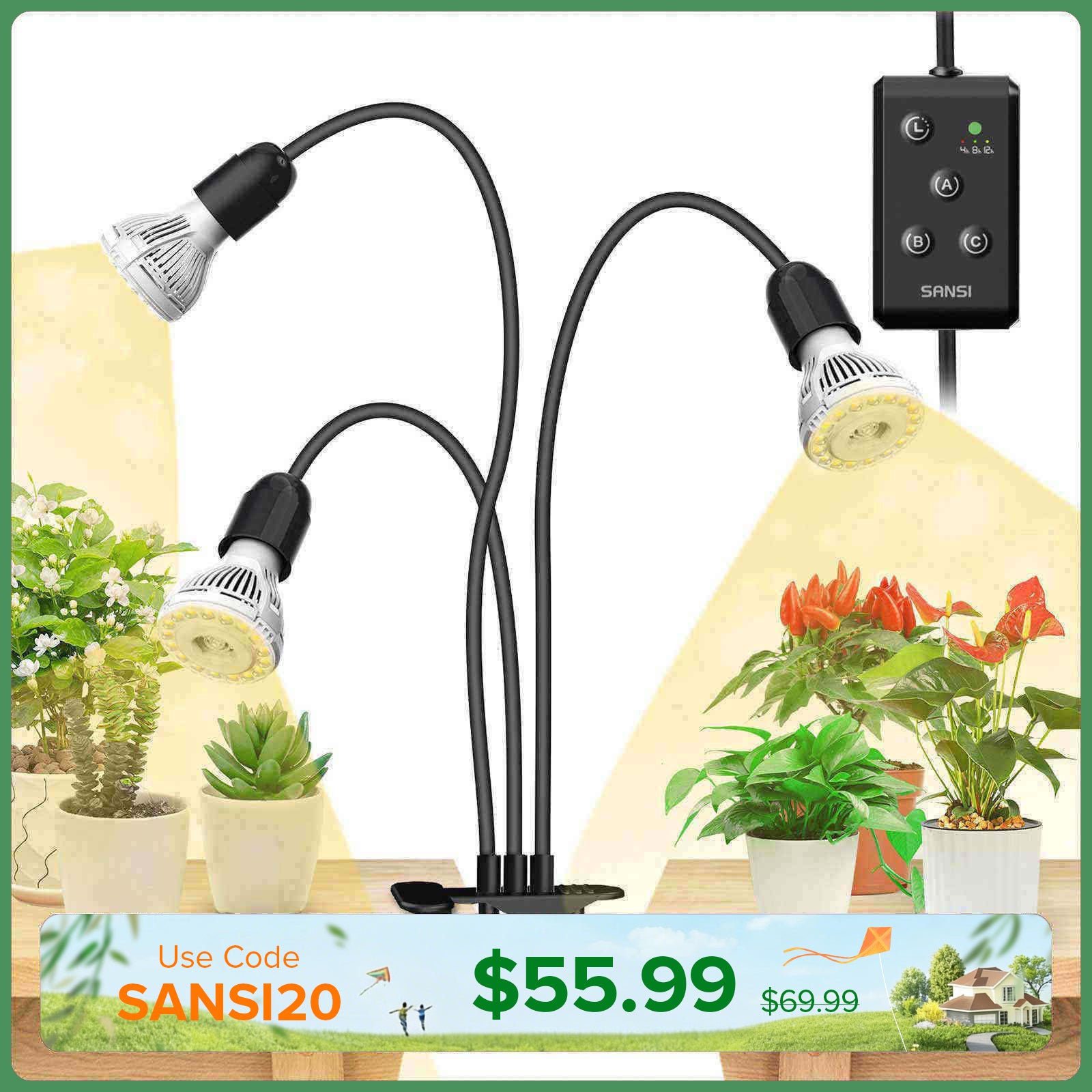 30-W-LED-Pflanzenlampe mit 3 verstellbaren Köpfen und Timer zum Anklemmen.