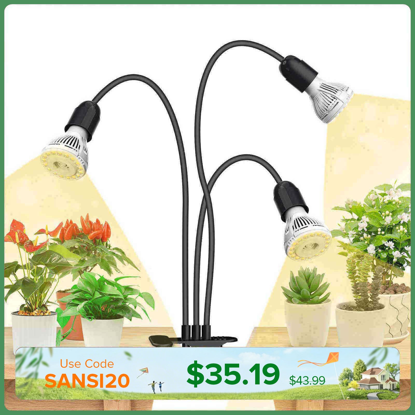 30 W verstellbares 3-Kopf-LED-Pflanzenlicht zum Anklemmen (NUR USA/Kanada)