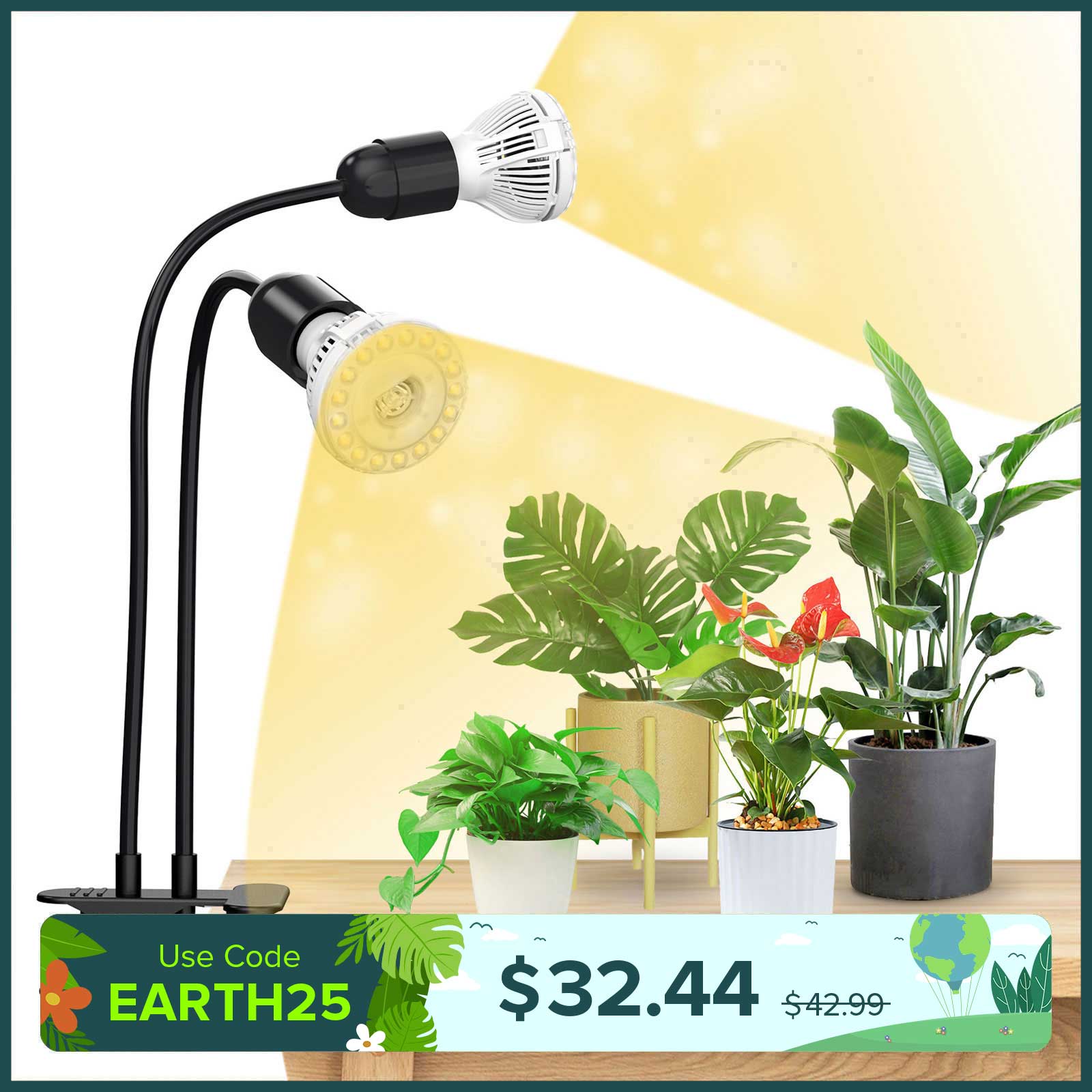20W verstellbare 2-Kopf-Clip-on-LED-Wachstumslampe mit Timer/ohne Timer