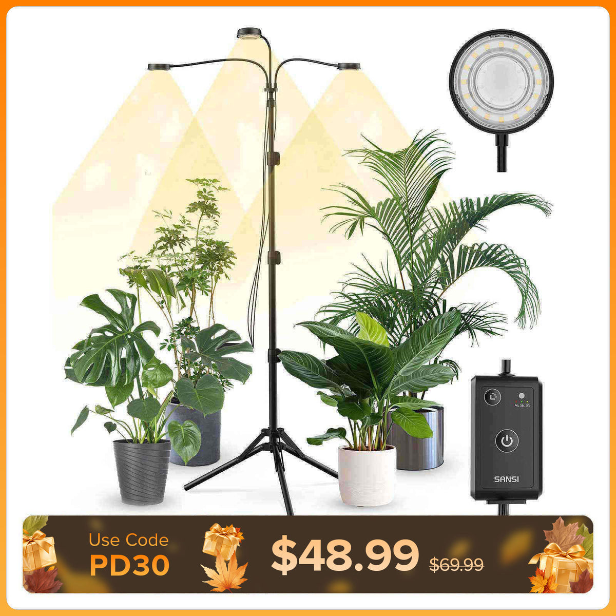 SANSI 30W 3-Head Adjustable Tripod Stand Grow Light with Remote Control
