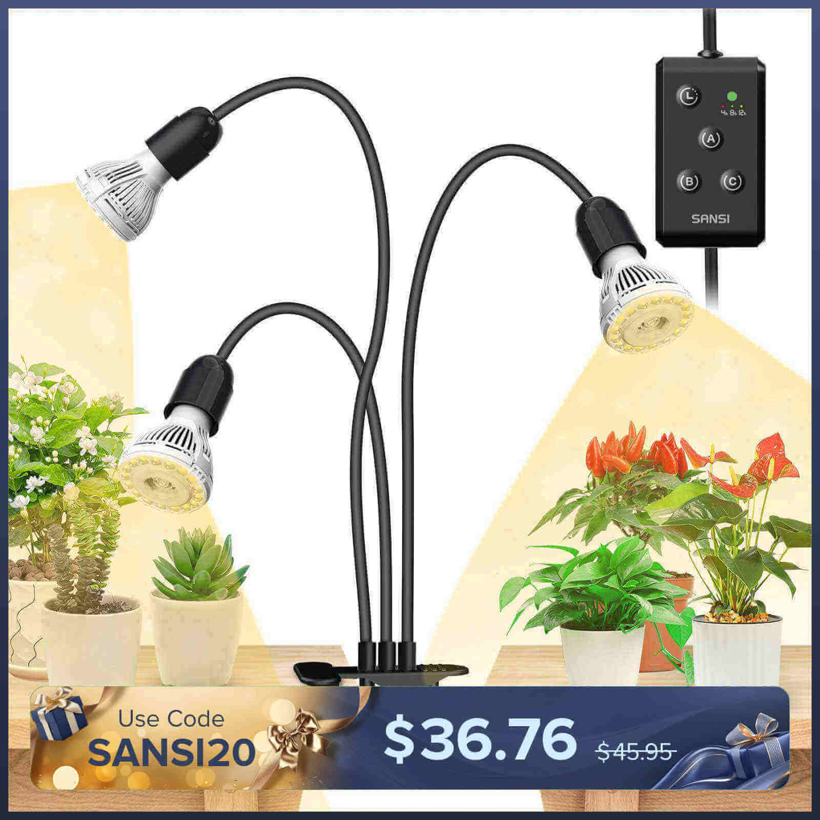 30W Adjustable 3-Head Clip-on LED Grow Light with Timer/No Timer