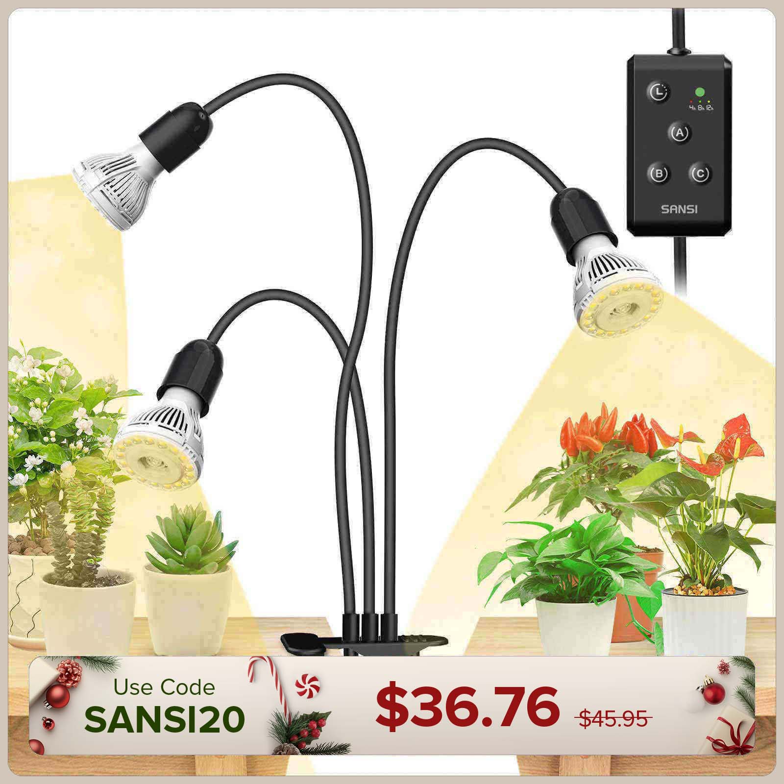 30W Adjustable 3-Head Clip-on LED Grow Light with Timer/No Timer