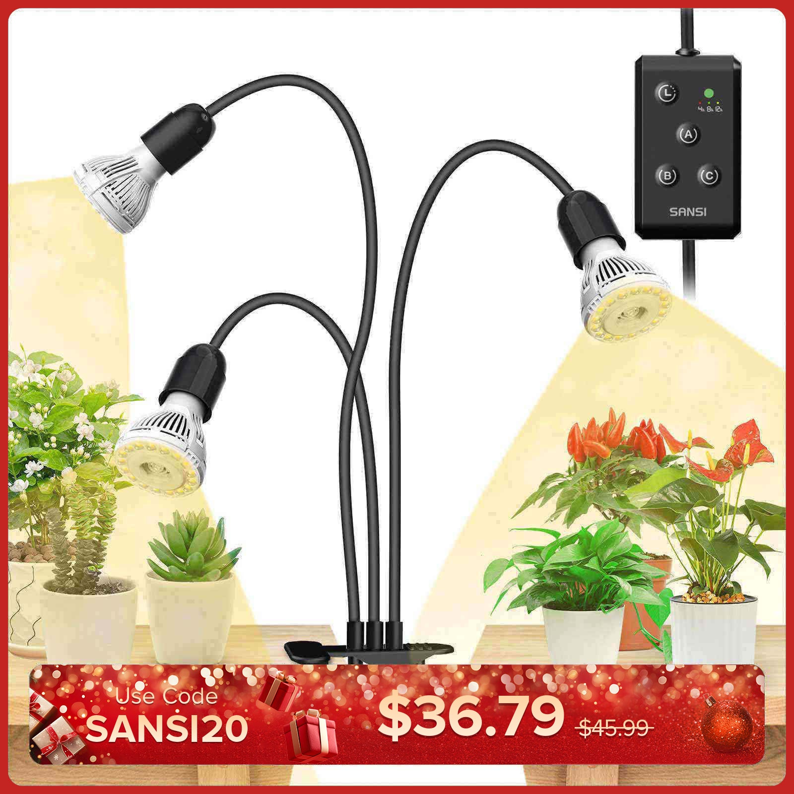 30 W verstellbare 3-Kopf-Clip-on-LED-Wachstumslampe mit Timer/ohne Timer