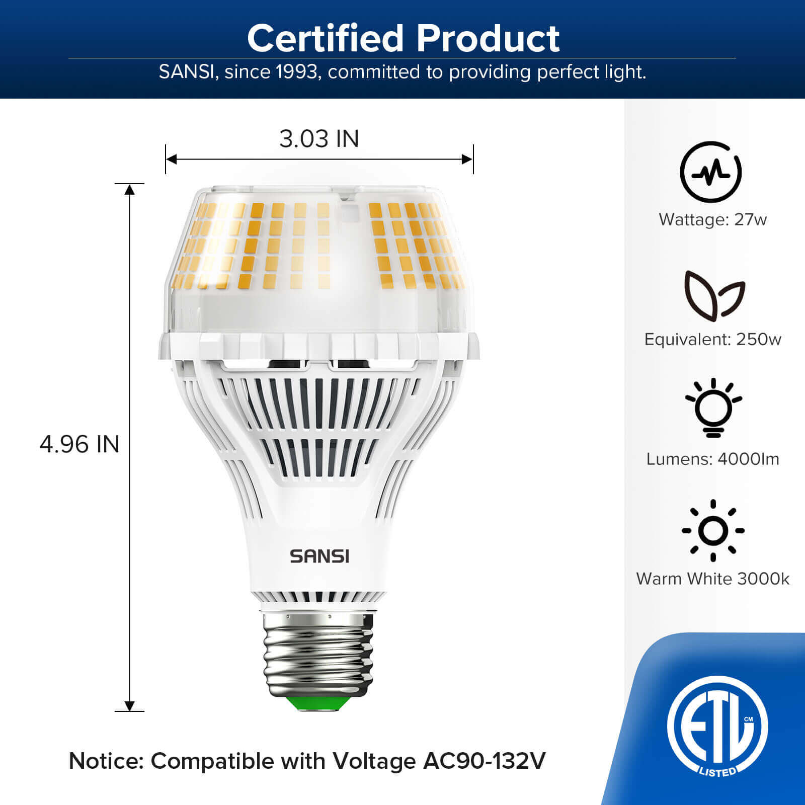 SANSI Dimmable A21 27W LED 3000K/5000K Light Bulb (US/CA ONLY)