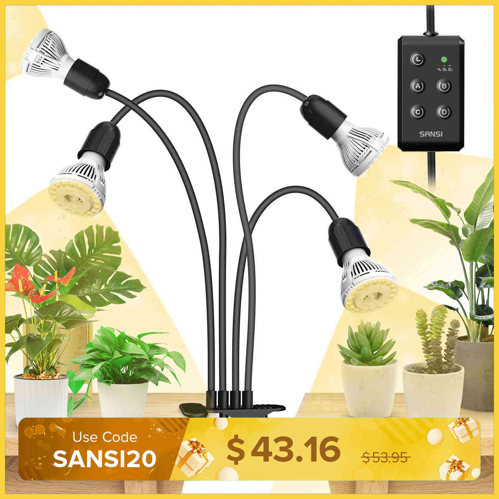40W Adjustable 4-Head Clip-on LED Grow Light with Timer/No Timer