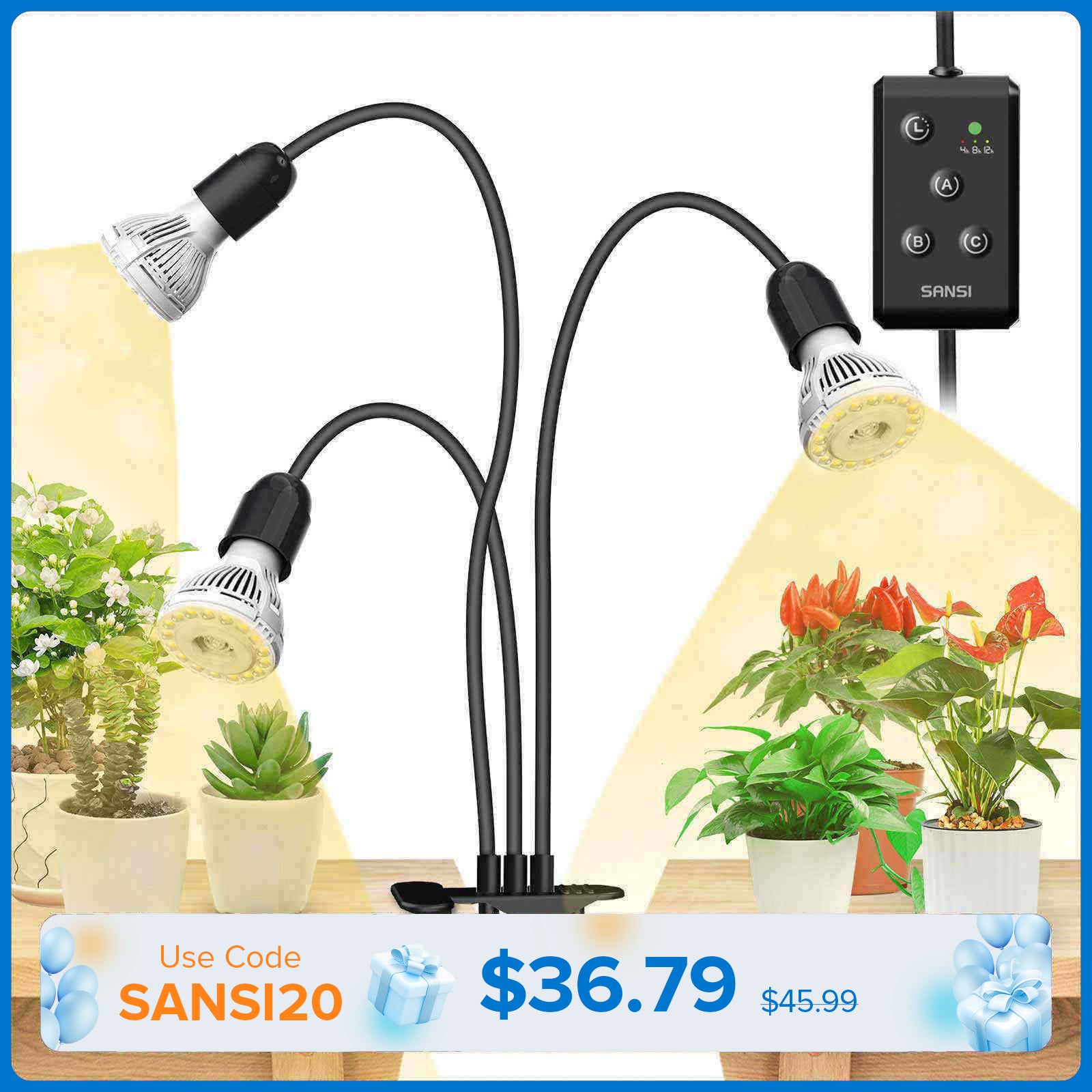 30W Adjustable 3-Head Clip-on LED Grow Light with Timer