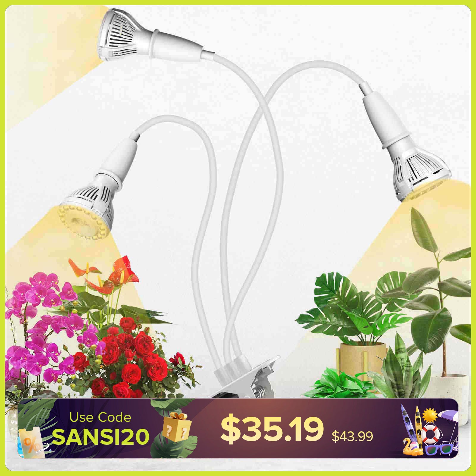 SANSI 30W Adjustable 3-Head Clip-on LED Grow Light (US/CA ONLY