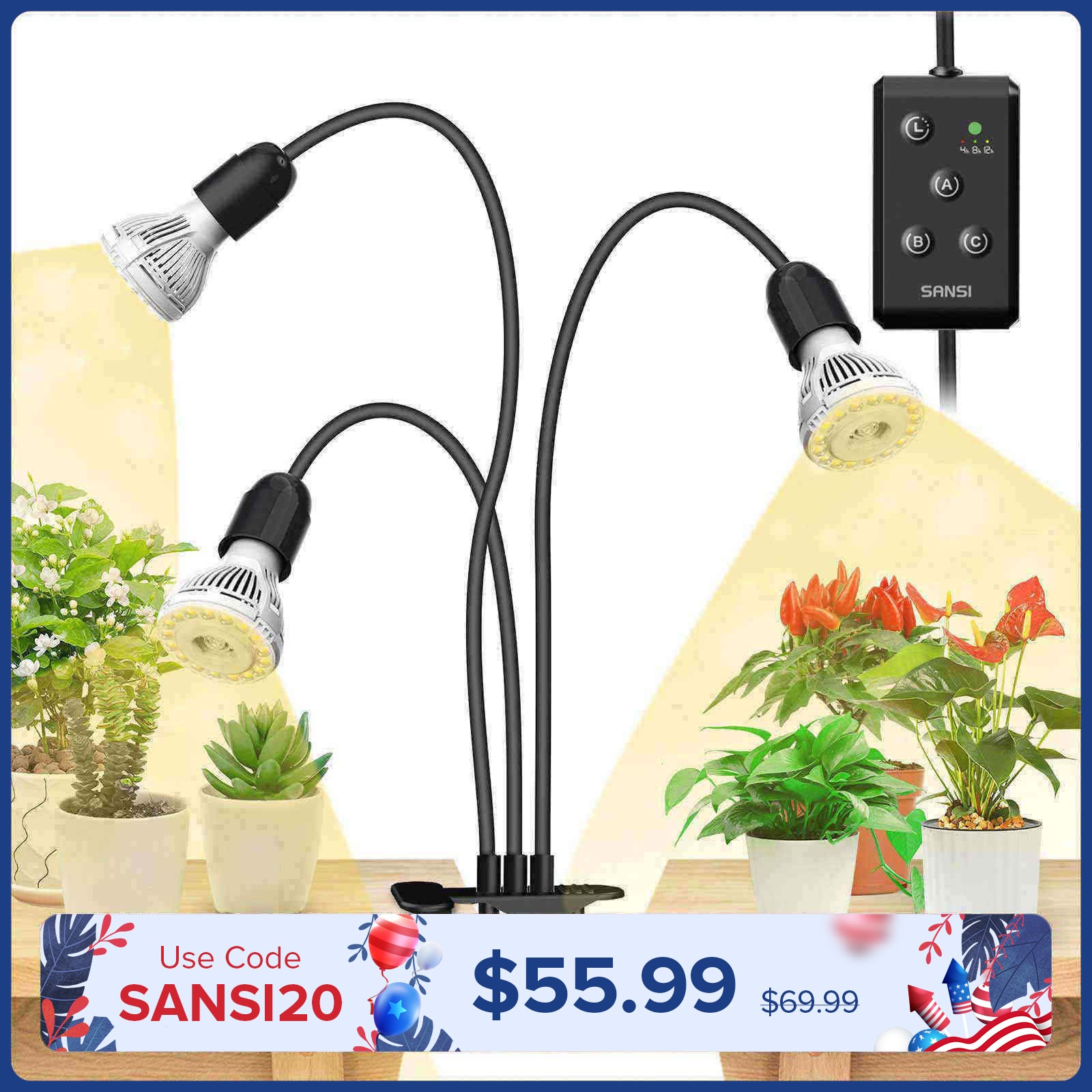 30W Adjustable 3-Head Clip-on LED Grow Light with Timer