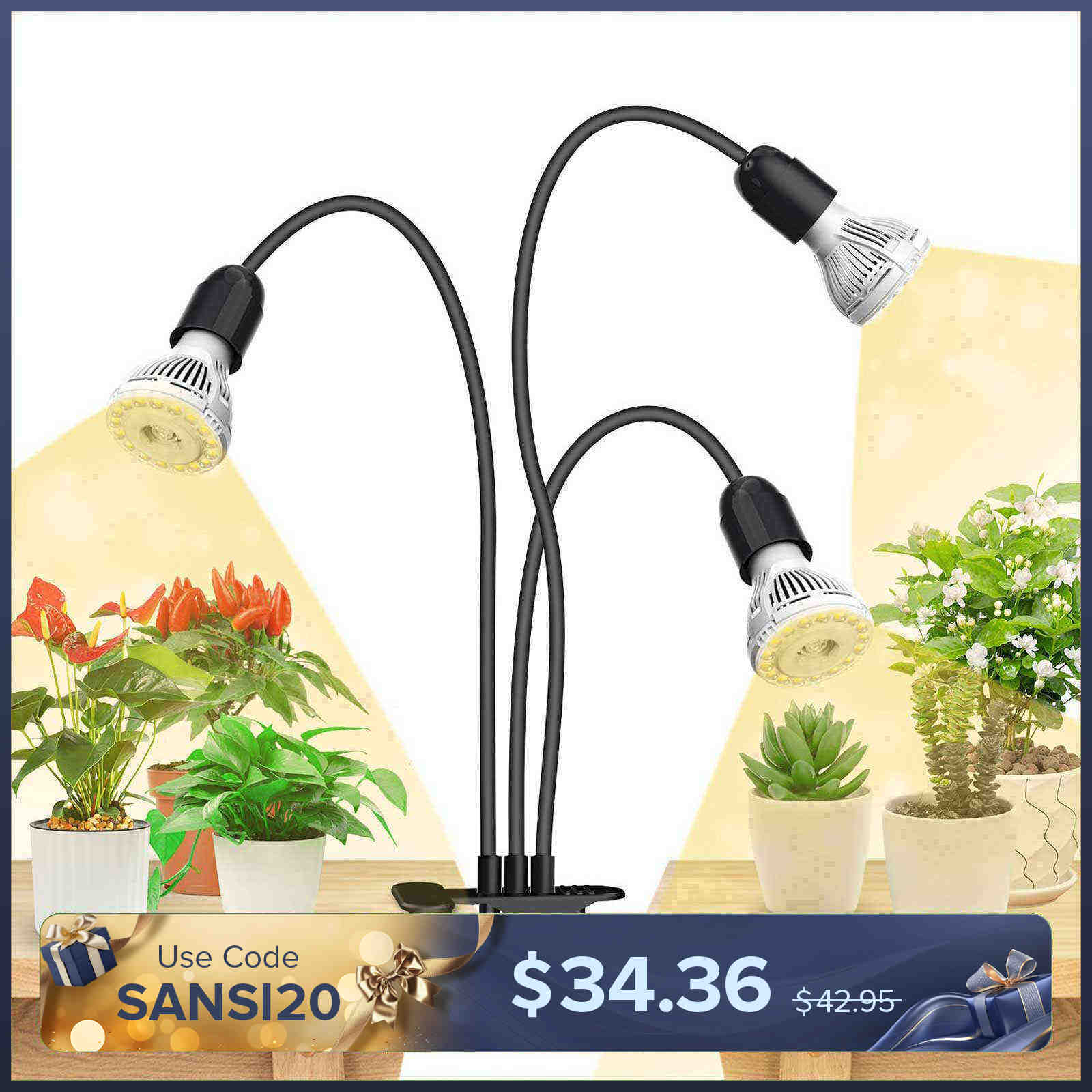 30 W verstellbare 3-Kopf-Clip-on-LED-Wachstumslampe mit Timer/ohne Timer