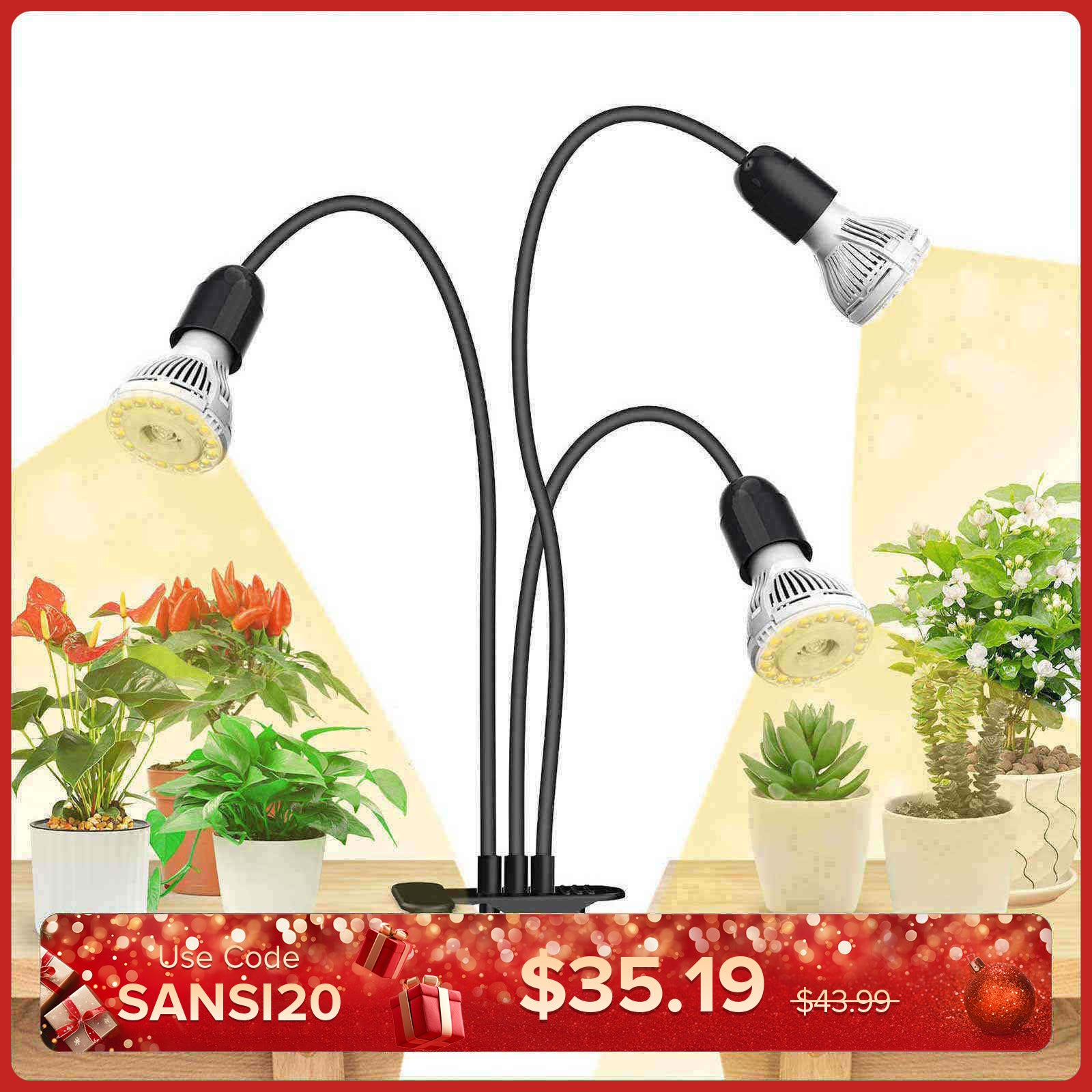 30 W verstellbares 3-Kopf-LED-Pflanzenlicht zum Anklemmen (NUR USA/Kanada)