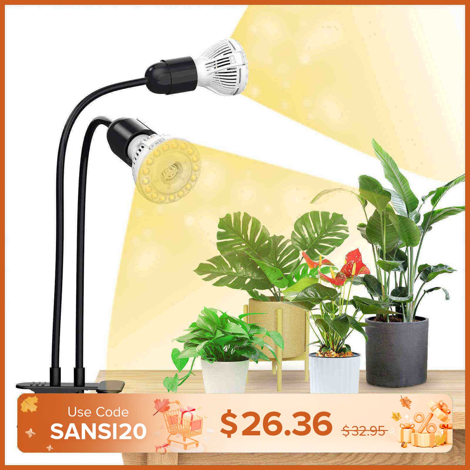 20W Adjustable 2-Head Clip-on LED Grow Light With Timer/No Timer