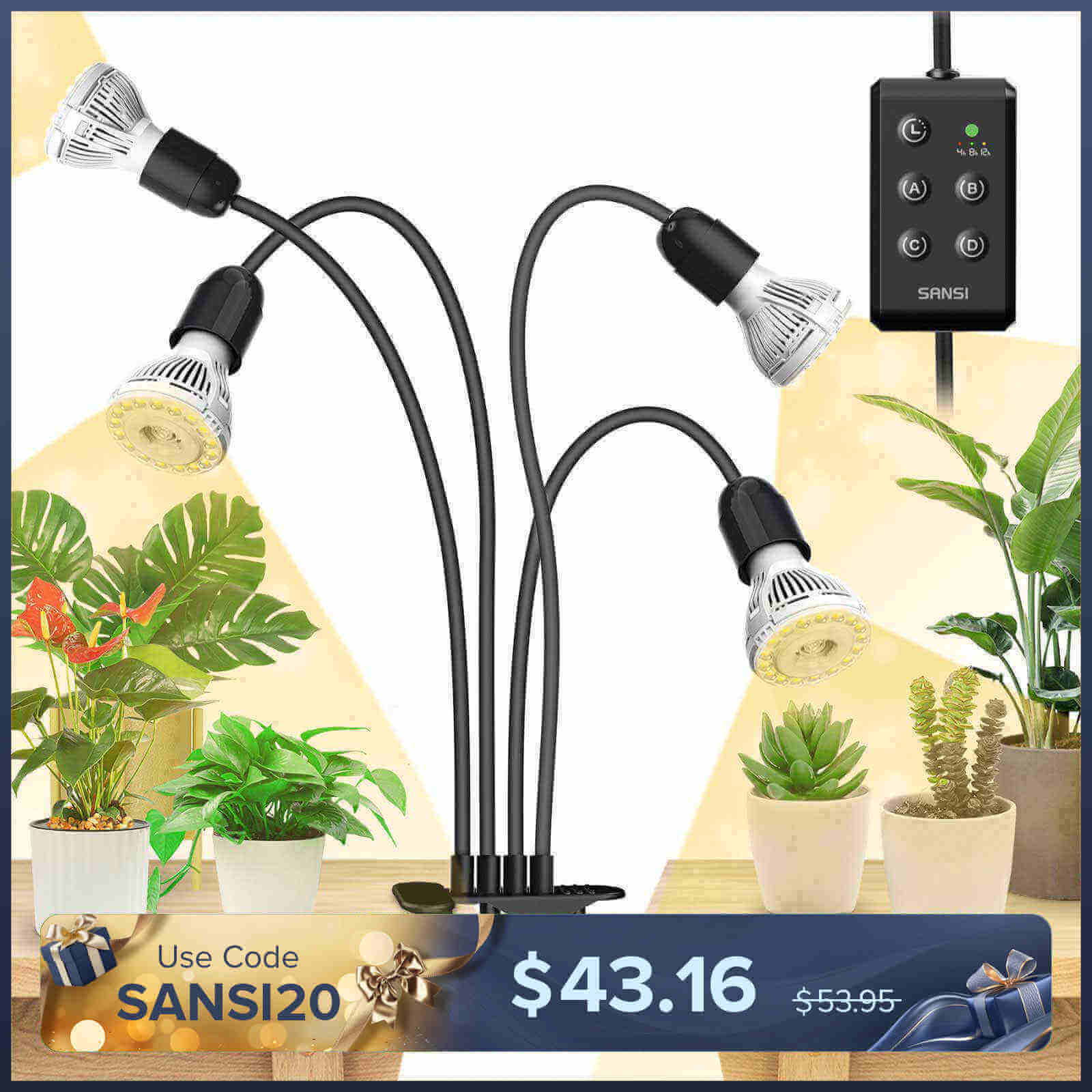 40W Adjustable 4-Head Clip-on LED Grow Light with Timer/No Timer