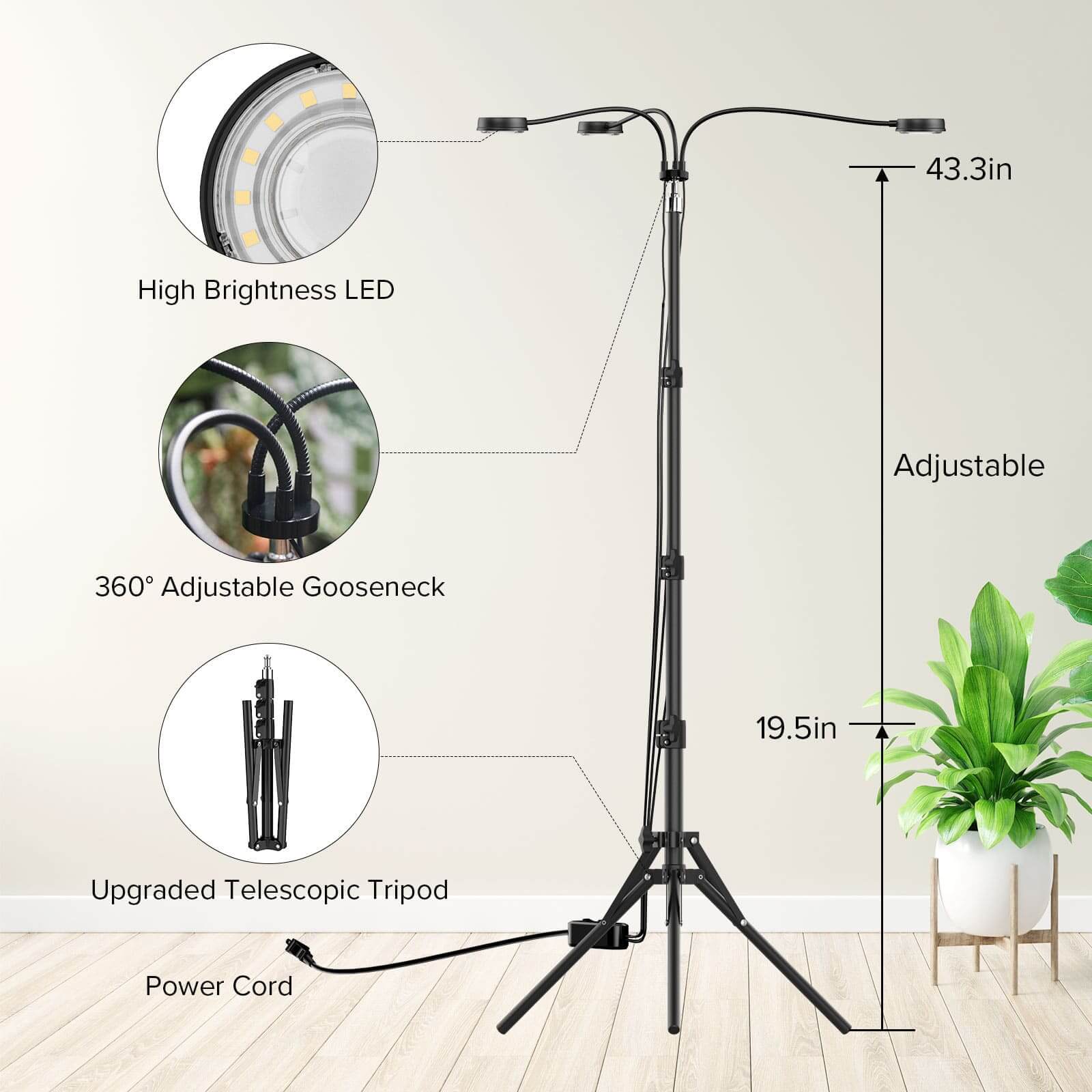30W 3-Head Adjustable Tripod Stand Grow Light with Remote Control,with a height adjustment range from 19.5 to 43.3inches.