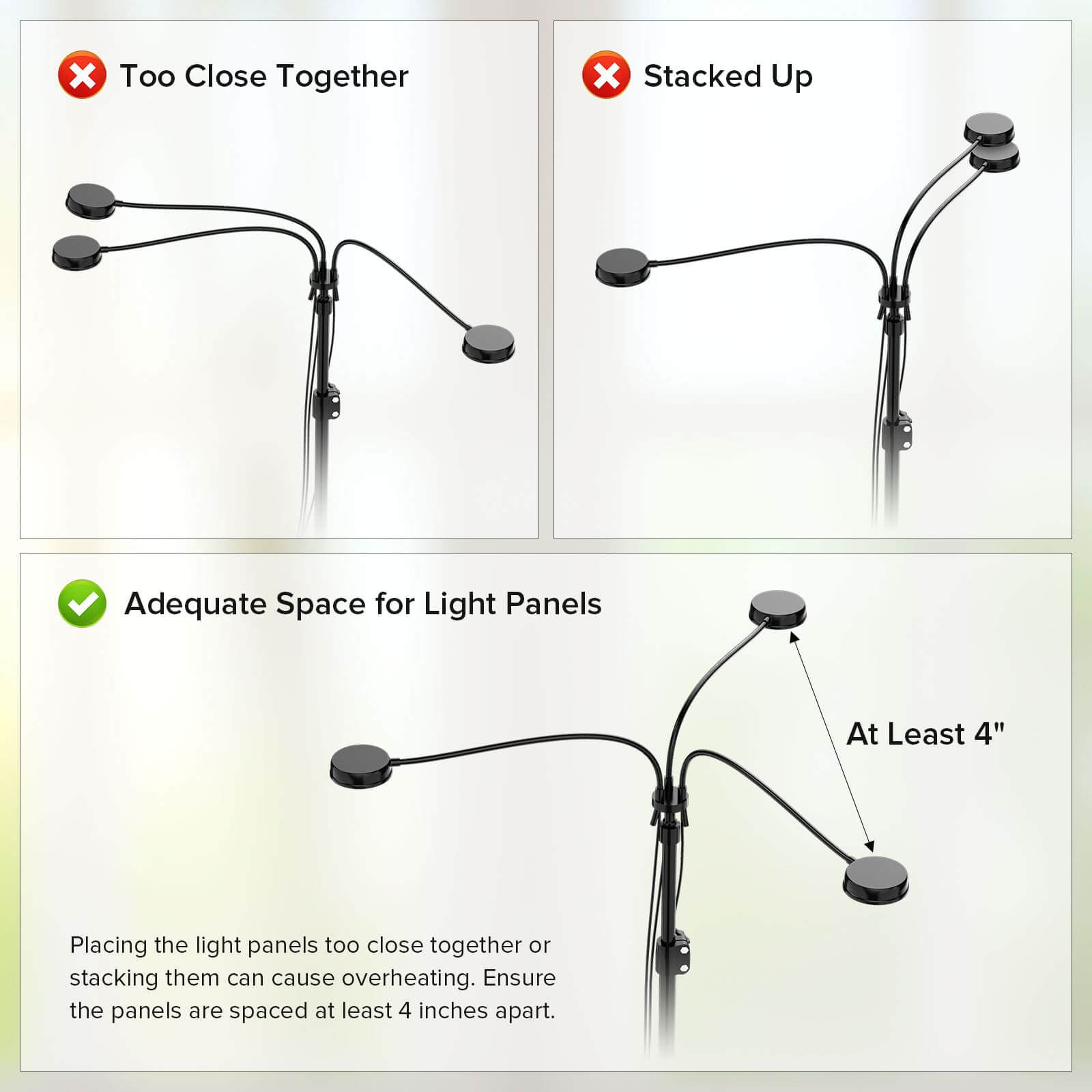 30W 3-Head Adjustable Tripod Stand Grow Light with Remote Control,placing the light panels too close together or stacking them can cause overheating. Ensure the panels are spaced at least 4 inches apart.