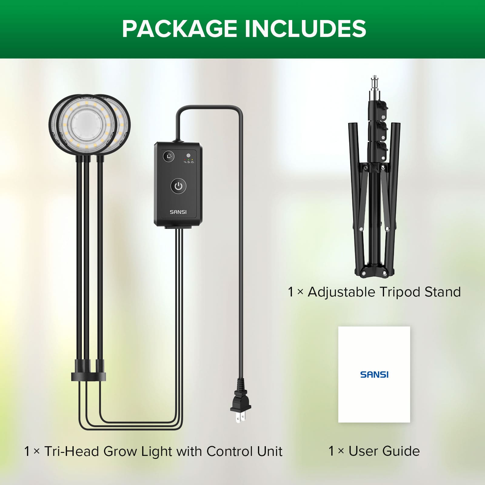 30W 3-Head Adjustable Tripod Stand Grow Light with Remote Control,package includes 1x tri-head grow light with control unit, 1x adjustable tripod stand and 1x user guide.