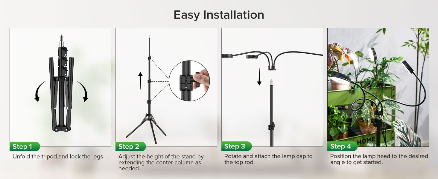 30W 3-Head Adjustable Tripod Stand Grow Light with Remote Control, easy installation.
