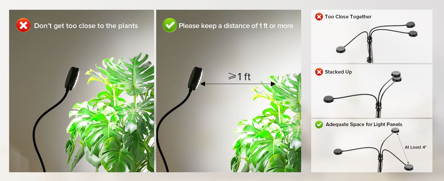 30W 3-Head Adjustable Tripod Stand Grow Light with Remote Control,placing the light panels too close together or stacking them can cause overheating. Ensure the panels are spaced at least 4 inches apart.