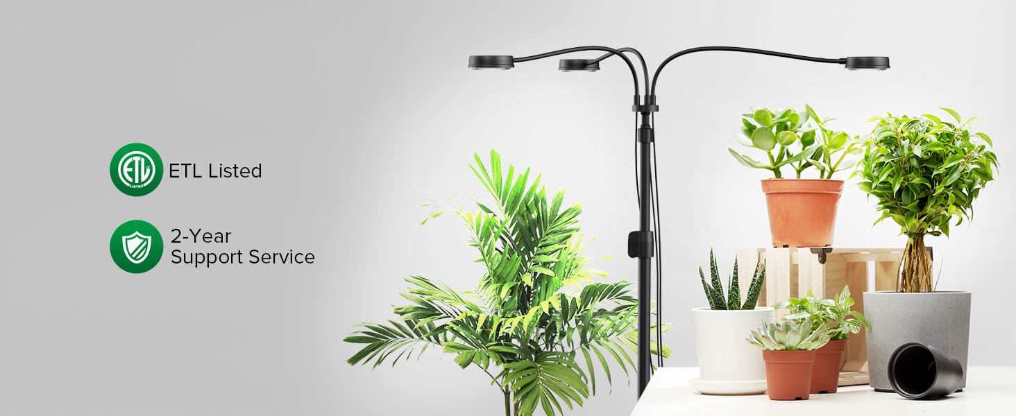 30W 3-Head Adjustable Tripod Stand Grow Light with Remote Control, ETL listed, 2-year support service.