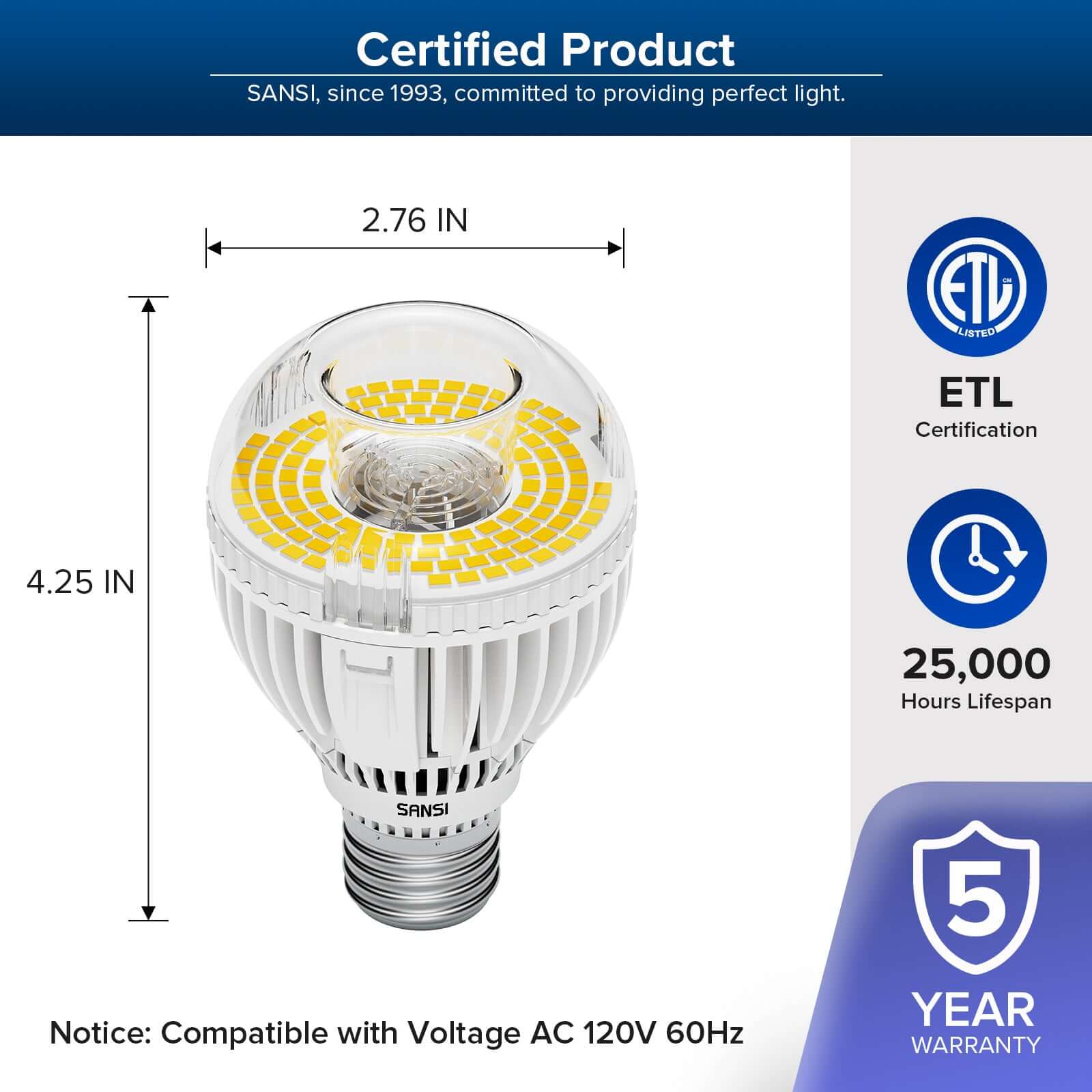 A19 30W LED 3000K/5000K Light Bulb has ETL certification, 2.76 IN*4.25 IN, 25,000 hours lifespan
