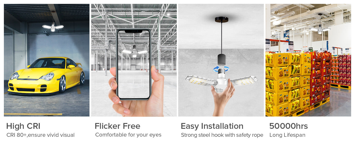 30W 3 Adjustable Panels Garage Light has high CRI, Flicker fee, easy installation and 50000hrs lifespan
