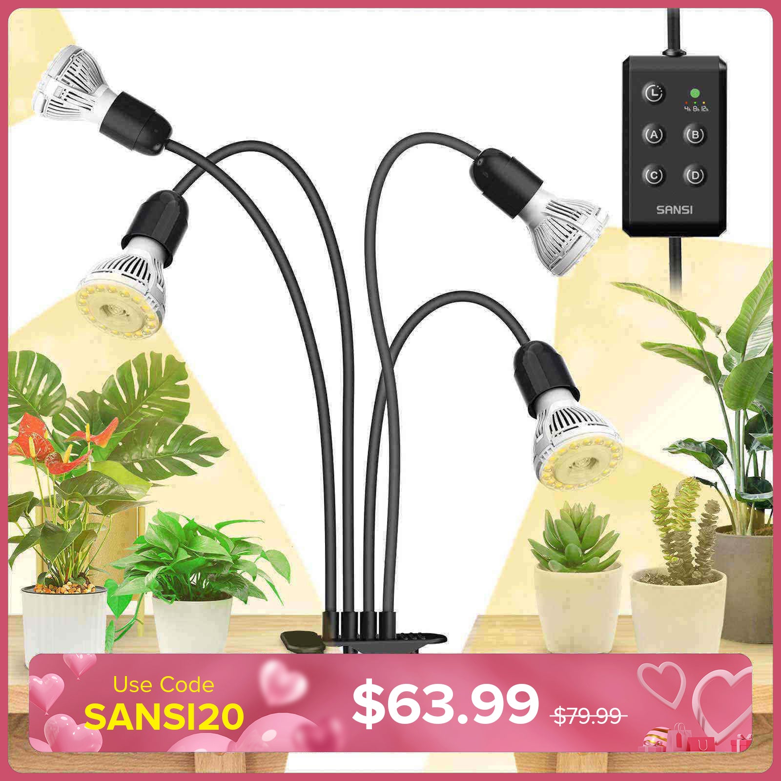 40W Adjustable 4-Head Clip-on LED Grow Light with Timer