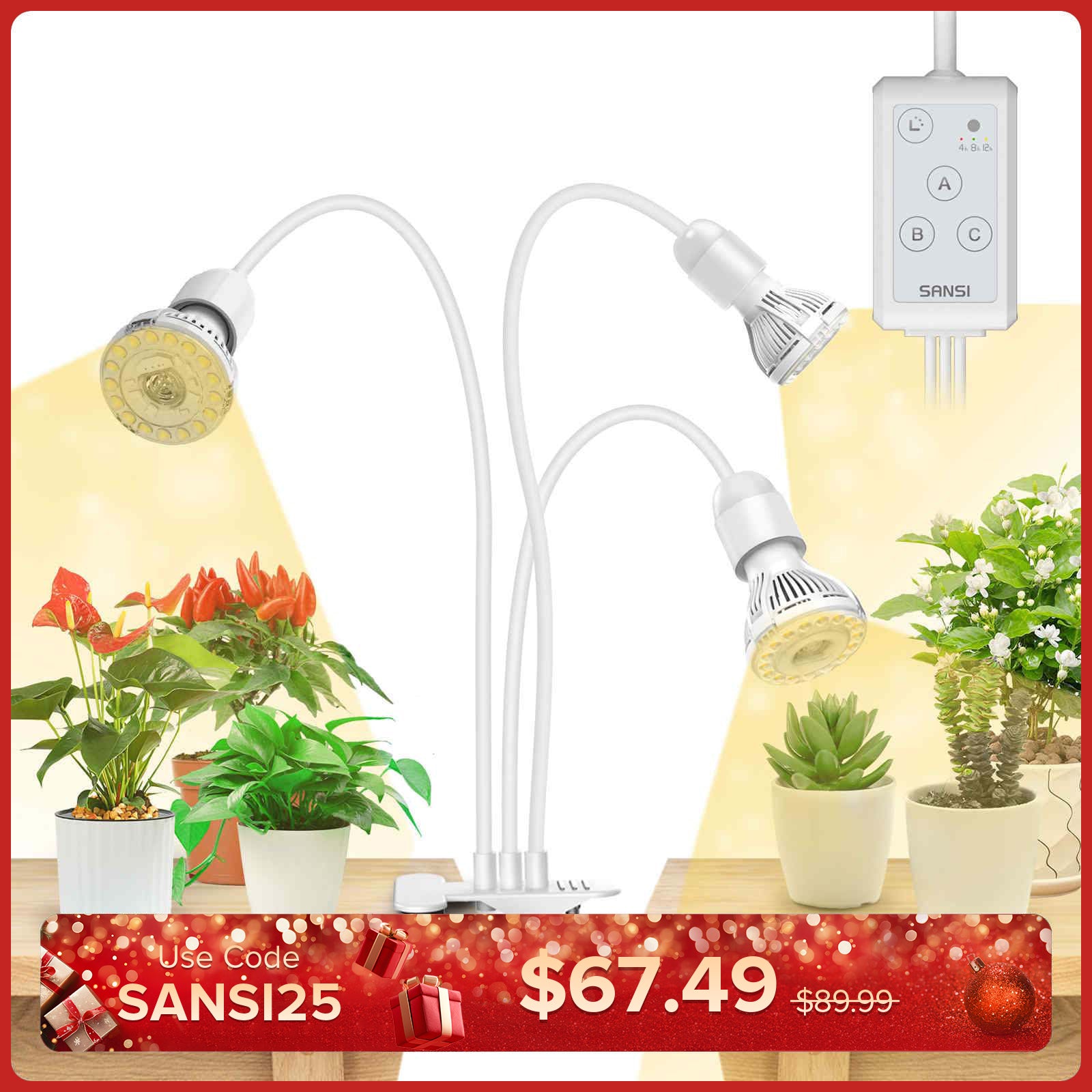 30 W verstellbare 3-Kopf-Clip-on-LED-Wachstumslampe mit Timer/ohne Timer