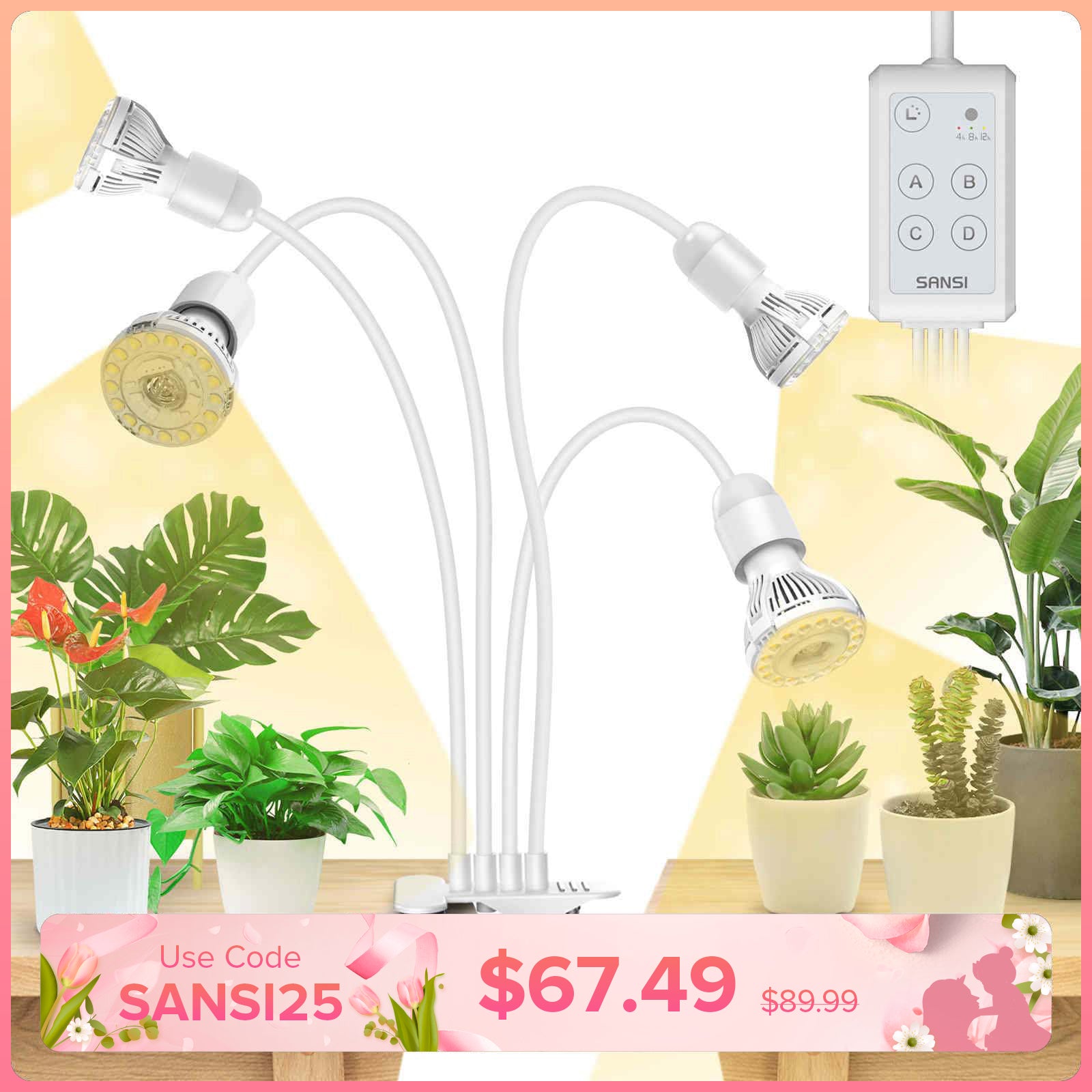 SANSI 40W Adjustable 4-Head Clip-on LED Grow Light with Timer-White