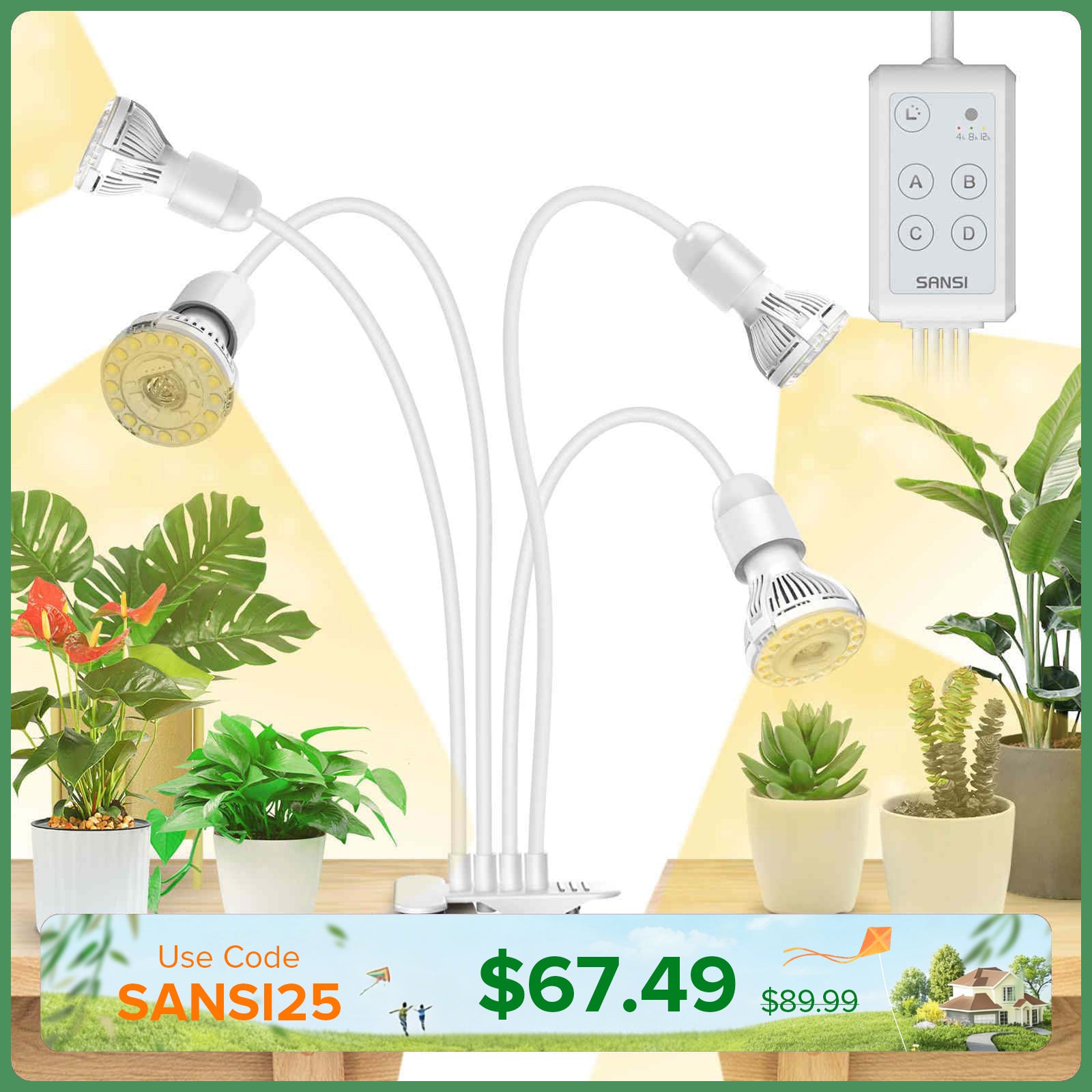 SANSI 40W Adjustable 4-Head Clip-on LED Grow Light with Timer-White