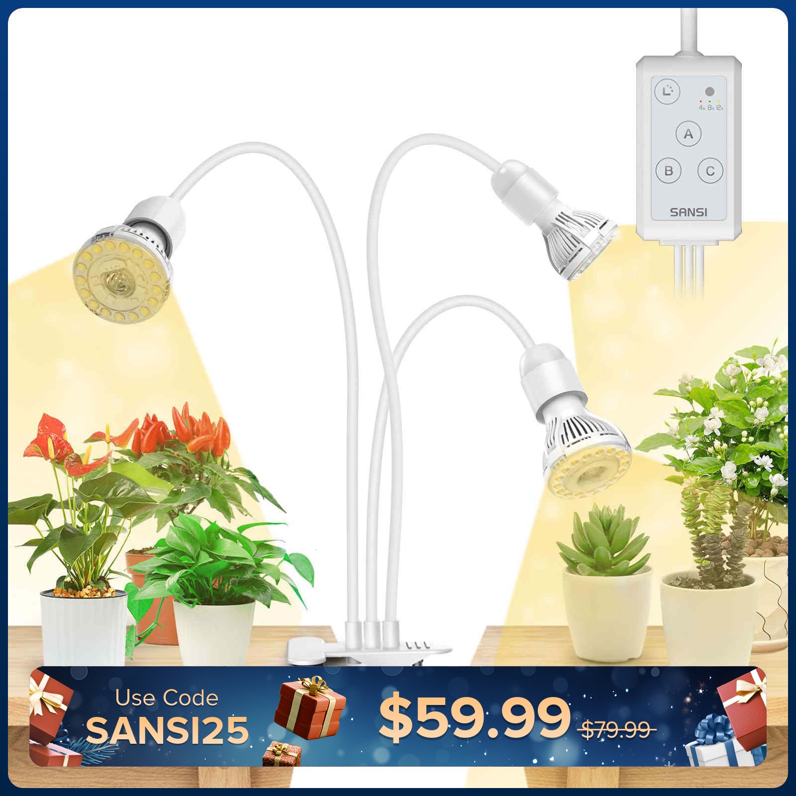 30 W verstellbare 3-Kopf-Clip-on-LED-Wachstumslampe mit Timer/ohne Timer