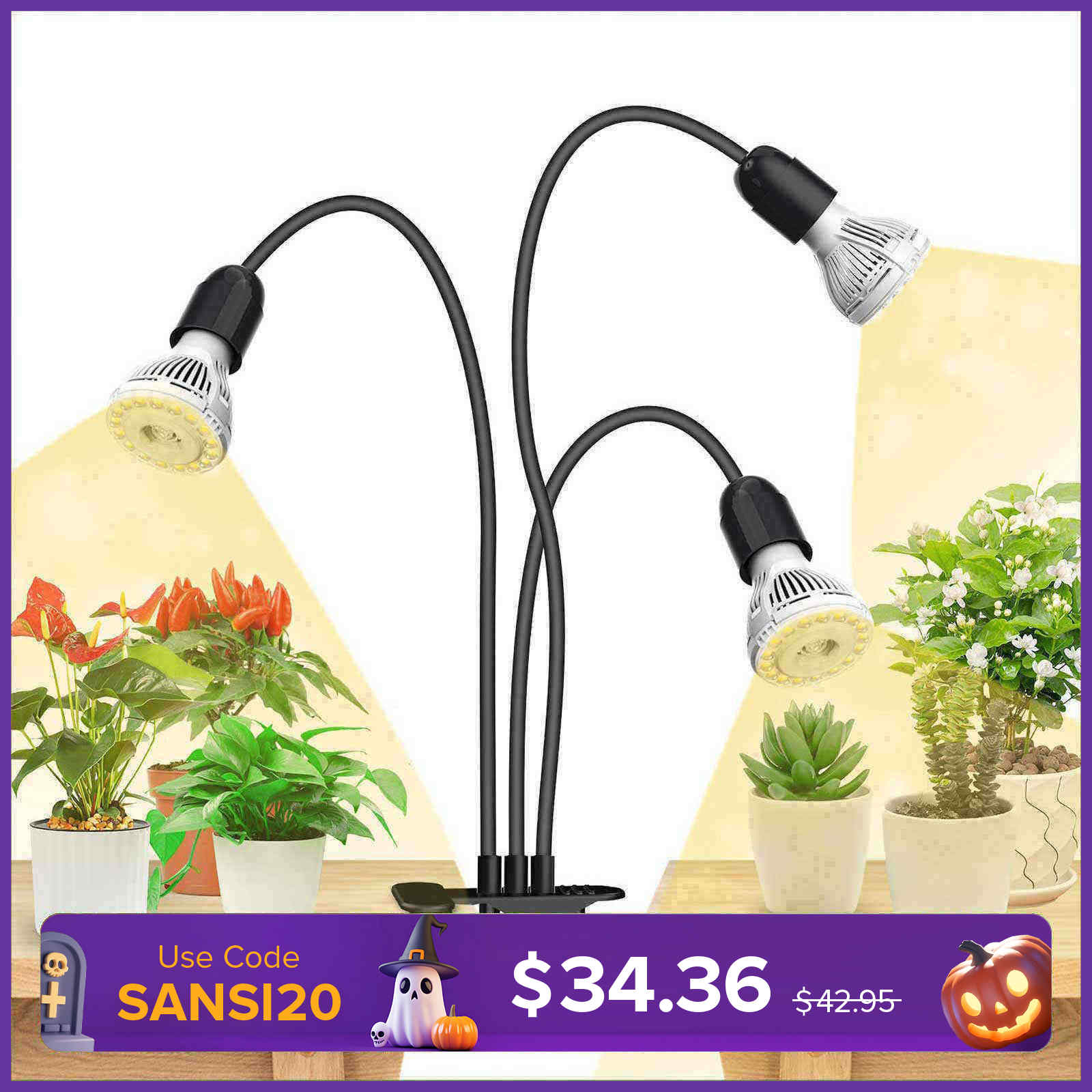 30 W verstellbare 3-Kopf-Clip-on-LED-Wachstumslampe mit Timer/ohne Timer