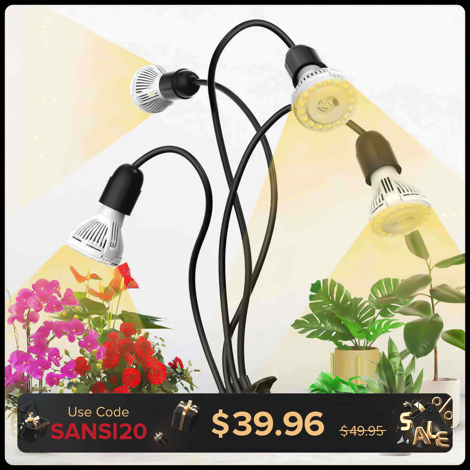 40W Adjustable 4-Head Clip-on LED Grow Light with Timer/No Timer