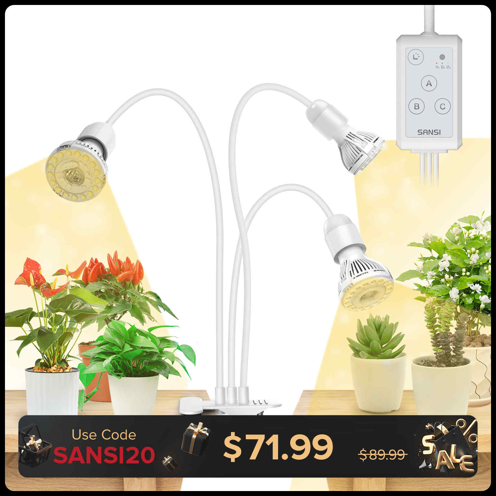 SANSI 30W Adjustable 3-Head Clip-on LED Grow Light with Timer-White