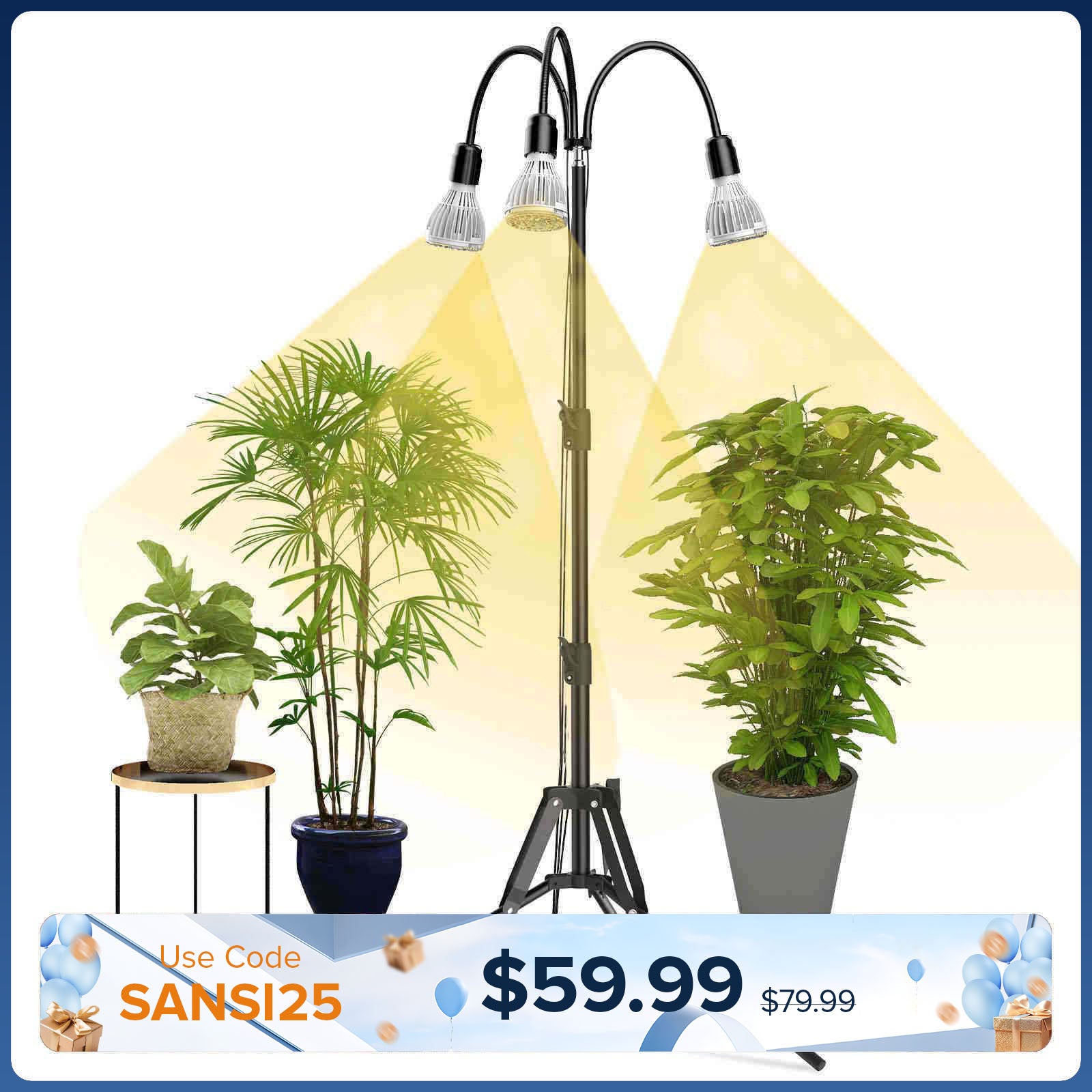 SANSI Lampe de culture multi-têtes améliorée 90W avec trépied réglable