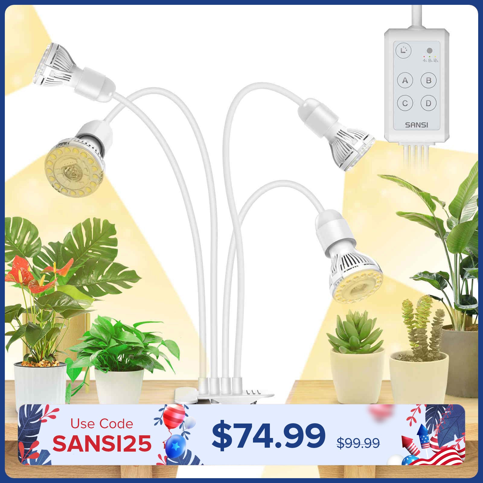 SANSI 40W Adjustable 4-Head Clip-on LED Grow Light with Timer-White