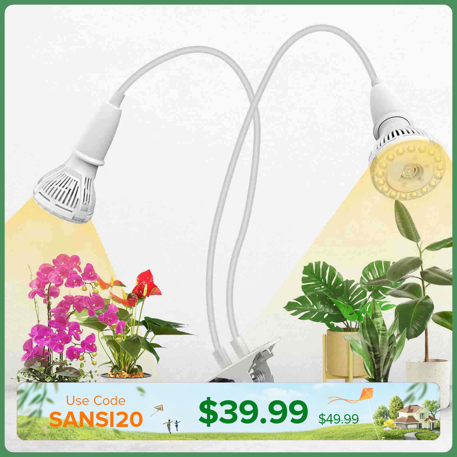 20W Adjustable 2-Head Clip-on LED Grow Light