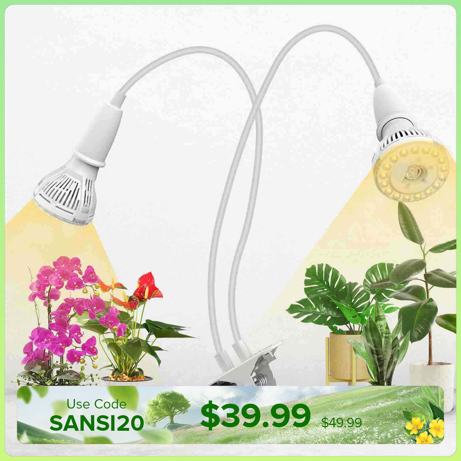 20W Adjustable 2-Head Clip-on LED Grow Light