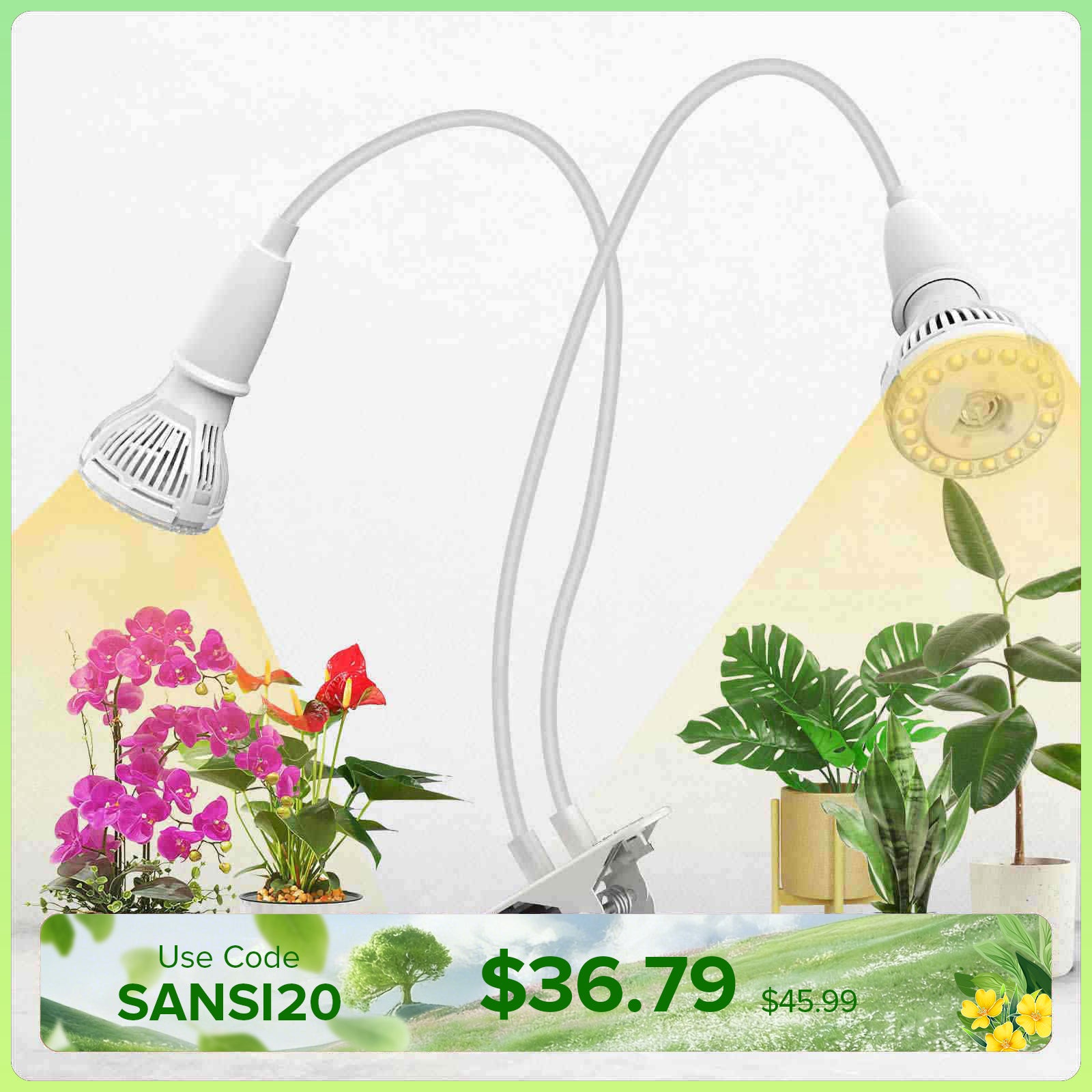 20W Adjustable 2-Head Clip-on LED Grow Light